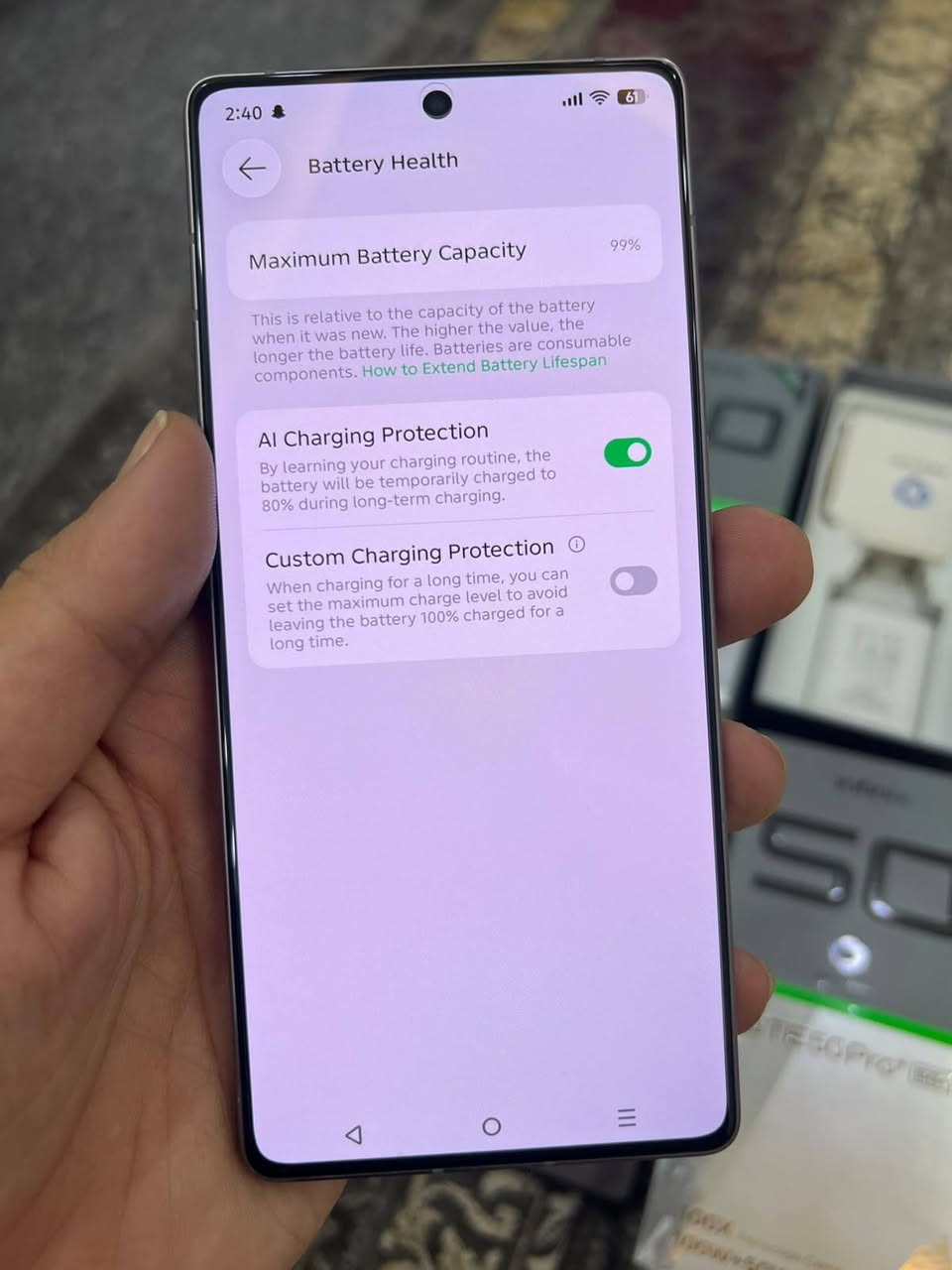 Infinix note 50 pro plus 5g

کامل ئەشیا +وایەلێس چارج
پاتری 99
ڕام 12+12 و  256گێگا
زەمانی شەریکەی ماوە
%99خاوێن .نەکراوە بێ عەیب بەزەمان 
پاتری ٥٢٠٠ و 100وات فاستچارج
کامێرا 50mp.   100X ZOOM.  Video 4k 60fps
selfi 32 mp . Video 4k
 شاشەیەکی زۆر نایابی amolid 144 hz
ip65  دژە ئاو
PUBG   120FPS 

نرخ  290دۆلارقفل  معاملەی نیە 

*********** وەتسئەپ
گەیاندن بەردەستە أربيل, العراق

نص مكتوب في الصور:
- 2:40 61 My Phone XOS 16.3.0 Check for Updates Device Name Infinix NOTE 50 Pro+ 5G Storage 39.96 GB / 256 GB Model Infinix X6856 CPU Dimensity 8350 Ultimate RAM 12.00 GB+12.00 GB Rear Camera 50M OIS+50M OIS+8M Front Camera 32M Battery 5200mAh
- 2:40 61 Battery Health Maximum Battery Capacity 99% This is relative to the capacity of the battery when it was new. The higher the value, the longer the battery life. Batteries are consumable components. How to Extend Battery Lifespan AI Charging Protection By learning your charging routine, the battery will be temporarily charged to 80% during long-term charging. Custom Charging Protection When charging for a long time, you can set the maximum charge level to avoid leaving the battery 100% charged for a long time.
