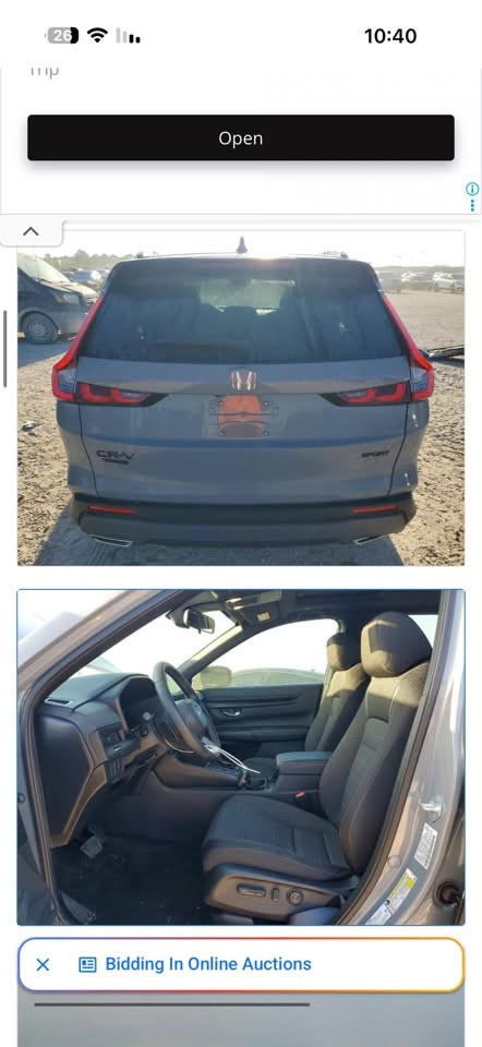 سلام عليكم
هوندا crv2026 2026

ماشية 11 الف
 بدون ايرباك بدون شواصي بدون دواخل حادث سطحي خفيف جدا 

موجودة باربيل بدون تصليح بدون رقم 

السعر 200 ورقة 

***********

نص مكتوب في الصور:
- Open Bidding In Online Auctions
- 10:40 Open Bidding In Online Auctions
- 18. 5.2026