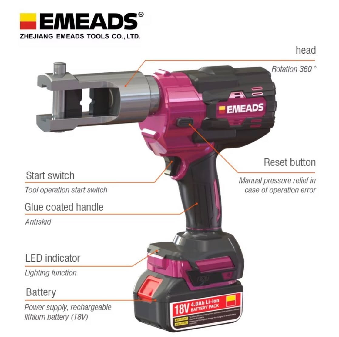 ‎⁨ ⁨ ⁨ كابسة الترامل الكهربائية CD-240H⁩⁩⁩
للتواصل ***********

نص مكتوب في الصور:
- EMEADS ZHEJIANG EMEADS TOOLS CO., LTD. charger battery x2 host (without battery) plastic box Crimping force: 70KN Stroke: 18mm Crimping range: Cu16-240mm2 Crimping cycle: 6-18s Depend on the size of cable Charger voltage: 100-240VAC Voltage/capacity: 18V/2.5Ah/4.0Ah optional Net weight: 3.8kg Charging time: 2 hours Crimping dies: 16,25,35,50,70,95,120,150,185,240mm2
- EMEADS ZHEJIANG EMEADS TOOLS CO., LTD.
- EMEADS ZHEJIANG EMEADS TOOLS CO., LTD. head Rotation 360° EMEADS Reset button Manual pressure relief in case of operation error Start switch Tool operation start switch Glue coated handle Antiskid LED indicator Lighting function Battery Power supply, rechargeable lithium battery (18V) 18V 4.0Ah Li-ion BATTERY PACK
- EMEADS ZHEJIANG EMEADS TOOLS CO., LTD. كماشَة الكبس الهيدروليكية اللاسلكية CD-240H BATTERY CRIMPING TOOL مميزات المنتج قوة عالية وكفاءة في الكبس رجوع الزيت تلقائياً لأداء أسرع بطارية ليثيوم قوية 18V - 4.0Ah تصميم لاسلكي لحرية الحركة متانة وجودة عالية للاستخدام الاحترافي صيانة بسيطة وعمر افتراضي طويل المواصفات التقنية 7 طن قوة الكبس مدى الكبس 16 - 240 مم² البطارية 18V - 4.0Ah Li-ion زمن الشحن حوالي 90 دقيقة الضغط الهيدروليكي 70 ميجاباسكال الوزن (مع البطارية) حوالي 3.6 كجم رأس دوار 360° للوصول بسهولة في الأماكن الضيقة EMEADS BATTERY CRIMPING TOOL نظام رجوع الزيت تلقاني بعد الكبس شاحن سريع بشاشة عرض بطارية ليثيوم 18V - 4.0Ah قوالب الكبس المتوفرة 16 مم² 25 مم² 36 مم² 50 مم² 95 مم² 120 مم² 150 مم² 185 مم² 240 مم² مثالية للاستخدام في الأعمال الكهربائية تركيبات لوحات التوزيع المصانع وورش العمل المشاريع الإنشائية كبس الكابلات النحاسية والألومنيوم ضمان 12 شهر ضمان حقيقي لراحة بالك