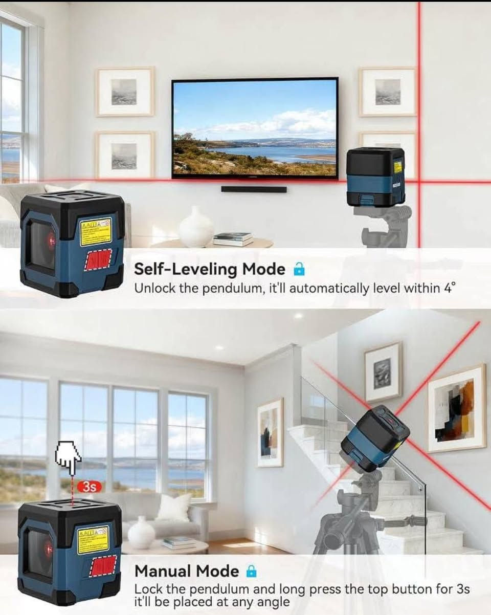 ٣٠

نص مكتوب في الصور:
- Universal 1/4-Inch Thread Mount Compatible with a range of mounts Excluding Tripods
- REVIEW ROCKSEED 50 FEET CROSS LINE LASER
- ROCKSEED 1. Laser Level 2. Portable Cloth Bag Rockseed CROSS-LINE LASER LEVEL LV1 User Manual 4. Instruction Manual 5. 1.5V AA Battery 3. Packing Box
- Self-Leveling Mode
- Unlock the pendulum, it'll automatically level within 4°
- 3s
- Manual Mode
- Lock the pendulum and long press the top button for 3s
- it'll be placed at any angle