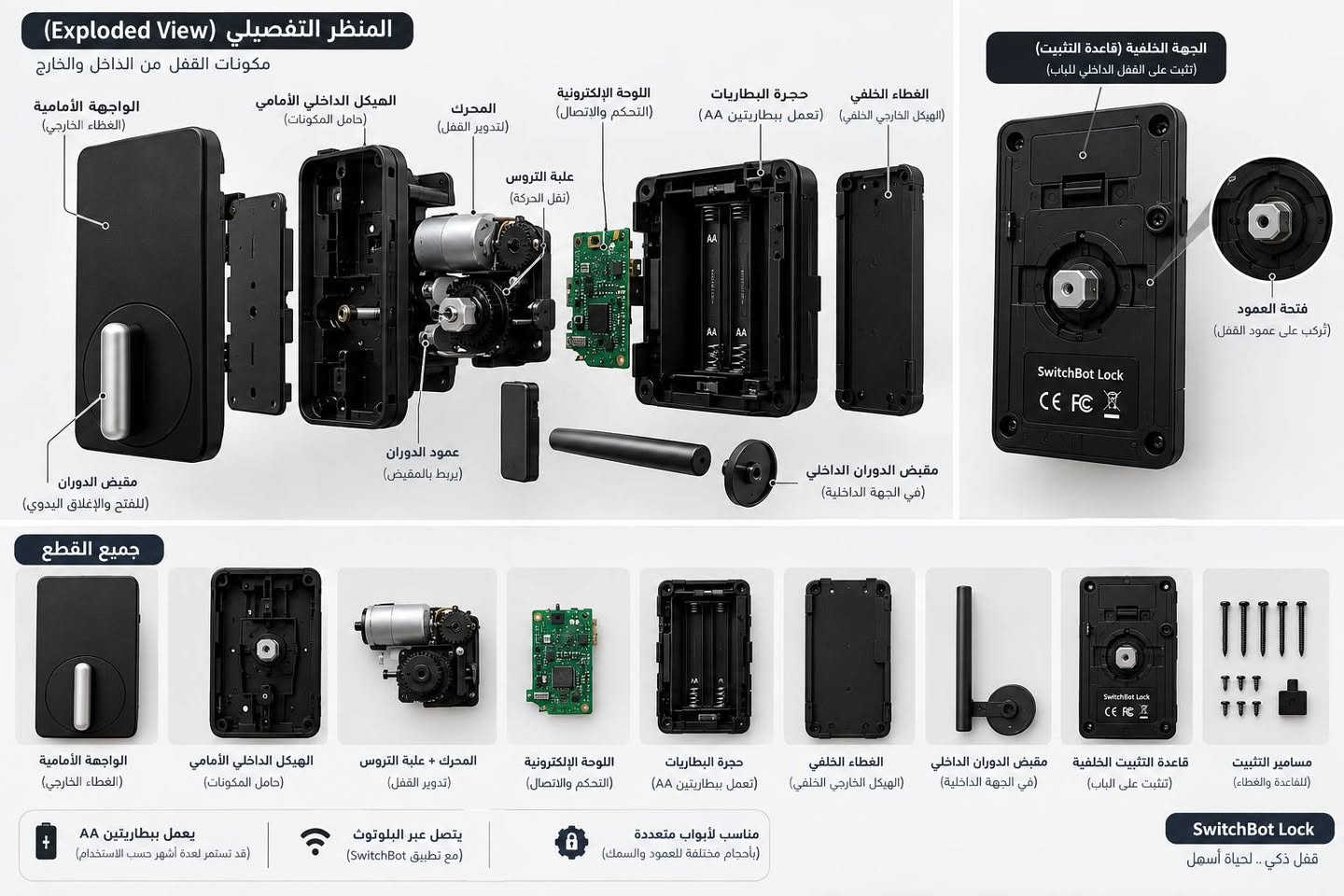 🔥 للبيع SwitchBot Lock القفل الذكي 🔥
حول قفل بابك العادي إلى قفل ذكي وتحكم به من الموبايل 📱
Bluetooth + تطبيق SwitchBot + إمكانية التحكم عبر Apple Watch، ومع إضافة Hub تقدر تتحكم بالقفل عن بُعد.
تركيب بدون حفر في الحالات المتوافقة، والجهاز يركب على الجهة الداخلية للباب.
📦 الجهاز حسب الموجود بالصورة.
🔧 ***********
***********

نص مكتوب في الصور:
- المنظر التفصيلي (Exploded View) مكونات القفل من الداخل والخارج الواجهة الأمامية (الغطاء الخارجي) الهيكل الداخلي الأمامي (حامل المكونات) المحرك (تدوير القفل) علبة التروس (نقل الحركة) اللوحة الإلكترونية (التحكم والاتصال) حجرة البطاريات (تعمل ببطاريتين AA) الغطاء الخلفي (الهيكل الخارجي الخلفي) الجهة الخلفية (قاعدة التثبيت) (تثبت على القفل الداخلي للباب) فتحة العمود (تركب على عمود القفل) عمود الدوران (يربط بالمقبض) مقبض الدوران (للفتح والإغلاق اليدوي) مقبض الدوران الداخلي (في الجهة الداخلية) جميع القطع الواجهة الأمامية (الغطاء الخارجي) الهيكل الداخلي الأمامي (حامل المكونات) المحرك + علبة التروس (تدوير القفل) اللوحة الإلكترونية (التحكم والاتصال) حجرة البطاريات (تعمل ببطاريتين AA) الغطاء الخلفي (الهيكل الخارجي الخلفي) مقبض الدوران الداخلي (في الجهة الداخلية) قاعدة التثبيت الخلفية (تثبت على الباب) مسامير التثبيت (للقاعدة والغطاء) يعمل ببطاريتين AA (قد تستمر لعدة أشهر حسب الاستخدام) يتصل عبر البلوتوث (مع تطبيق SwitchBot) مناسب لأبواب متعددة (بأحجام مختلفة للعمود والسمك) SwitchBot Lock قفل ذكي .. لحياة أسهل
- الواجهة الأمامية الواجهة الخلفية الجانب الأيسر الجانب الأيمن الجهة العلوية 360° الجهة السفلية من الأمام واليسار من الأمام واليمين من الخلف واليسار من الخلف واليمين SwitchBot Lock