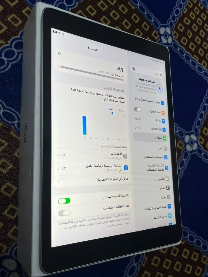 ايباد 9 نورمل
الجهاز جديد بمعنى الكلمة 

ذ64 مكاني بلديات سعر 250 الف

نص مكتوب في الصور:
- 10:35 م الاثنين 21 أيلول بحث حساب Apple Apple ID لتسجيل الدخول إلى بيانات iCloud و App Store والخدمات الأخرى، وApple والمزيد. Siri وبحري تحسين البحث و نمط الطيران Wi-Fi 0 مشغل Bluetooth 0 البطارية عام تسهيلات الاستخدام الشاشة الرئيسية ومكتبة التطبيقات الكاميرا المظهر بحث تعدد المهام والإيماءات خلفية الشاشة البطارية 97% آخر شحنة إلى 10:00 ص، 12:37 م الاستخدام اليومي ستظهر استخلاصات الاستخدام والمقارنة هنا كلما استخدمت iPad أكثر. اليوم متوسط %7 ة س ص ح ج خ ن نشاط التطبيقات والنظام الإعدادات على الشاشة: 19د الشاشة الرئيسية وشاشة القفل على الشاشة: 6د عرض كل استهلاك البطارية النسبة المئوية للبطارية نمط الطاقة المنخفضة سيقوم iPad مؤقتاً بتقليل بعض الأنشطة في الخلفية وسرعة المعالجة وإضاءة الشاشة، وتقييد بعض الميزات مثل مزامنة iCloud وجلب البريد الإلكتروني والمزيد.
- حول iPad < 27.0 iPad (الجيل التاسع) MK2L3LL/A LQ6T91HGGV . . . ٦٤ غ.ب. ٤٤,٨٦ غ.ب. A0:D1:B3:7F:36:57 A0:D1:B3:86:5D:D2 < الاسم إصدار iPadOS اسم الطراز رقم الطراز الرقم التسلسلي الأغاني الفيديوهات الصور السعة متوفرة عنوان Wi-Fi Bluetooth SEID إعدادات ثقة الشهادة < ٥:٠٥ م الإثنين ٢١ أيلول Q بحث حساب Apple سجل الدخول للوصول إلى بيانات App Store و iCloud والخدمات Apple والمزيد يجري تحسين البحث و Siri نمط الطيران Wi-Fi Bluetooth البطارية عام تسهيلات الاستخدام الشاشة الرئيسية ومكتبة التطبيقات الكاميرا المظهر بحث تعدد المهام والإيماءات خلفية الشاشة شاشة القفل والإنارة