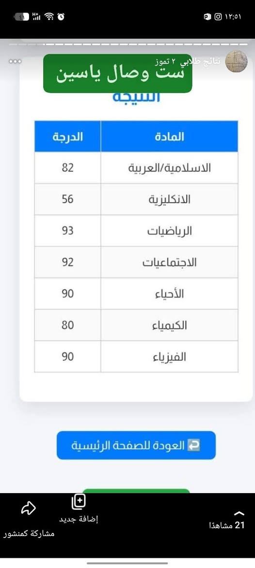 📚 تدريس خصوصي 
تدريس خصوصي لمواد الفيزياء والكيمياء والرياضيات و انگليزي و عربي و اجتماعيات و تاريخ و اقتصاد و جميع المواد 
بأسعار  مناسبة للجميع 🌷
ويوجد تدريس الكتروني 🌸
✨ شرح مبسّط ومتابعة مستمرة
🎯 الهدف: النجاح والتفوق
📍 العنوان: علي الصالح– فرع المركز
📞 للاستفسار: ***********
🎒نظام حقائب

نص مكتوب في الصور:
- يعد هذا تبليغاً بنتيجة الطالب فقط، ولا يُعتبر وثيقة رسمية معتمدة لأي غرض كان. ست وصال ياسين النتيجة المادة الدرجة الاسلامية / العربية 92 الانكليزية 89 الرياضيات 99 الاجتماعيات 90 الاحياء 95 الكيمياء 97 الفيزياء 78 العودة للصفحة الرئيسية إضافة جديد 21 مشاهدة مشاركة كمنشور
- معلومات الطالب نتائج طلابي ٢ تموز سما علي ر سرع الدولی المجموع الكلي: 553 المعدل: 79 النتيجة النهائية: ناجح ست وصال ياسين النتيجة المادة الدرجة الاسلامية / العربية 60 الانكليزية 93 الرياضيات 79 الاجتماعيات 68 الاحياء 94 الكيمياء 69 الفيزياء 90 طباعة النتيجة العودة للصفحة الرئيسية إضافة جديد مشاركة كمنشور 21 مشاهدًا
- نتائج طلابي ٢ تموز السلام عليكم اشتعلت سما 2:36 م 3:25 م الحمدلله 3:28 م 3:28 م ست وصال ياسين معلومات الطالب الأسم: ... المدرسة: ... صفوة علي ... المجموع الكلي: 553 المعدل: 79 النتيجة النهائية: ناجح النتيجة المادة الدرجة الإسلامية / العربية 80 التاريخ 53 الرياضيات 79 الاجتماعيات 48 الفيزياء 54 الكيمياء 87 الأحياء 90 5:12 م فديت سماوي تجرح واداوي
- نتائج طلابي ٢ تموز ست وصال ياسين السیجه المادة الدرجة الاسلامية/العربية 82 الانكليزية 56 الرياضيات 93 الاجتماعيات 92 الأحياء 90 الكيمياء 80 الفيزياء 90 العودة للصفحة الرئيسية إضافة جديد 21 مشاهدة مشاركة كمنشور
- نتائج طلابي ٢ تموز
- ست وصال ياسين
- النتيجة
- المادة الدرجة
- الاسلامية/العربية 77
- الانكليزية 82
- الرياضيات 92
- الاجتماعيات 86
- الأحياء 87
- الكيمياء 85
- الفيزياء 79
- إضافة جديد
- مشاركة كمنشور
- 24 مشاهدة
- ريحانة المصطفى