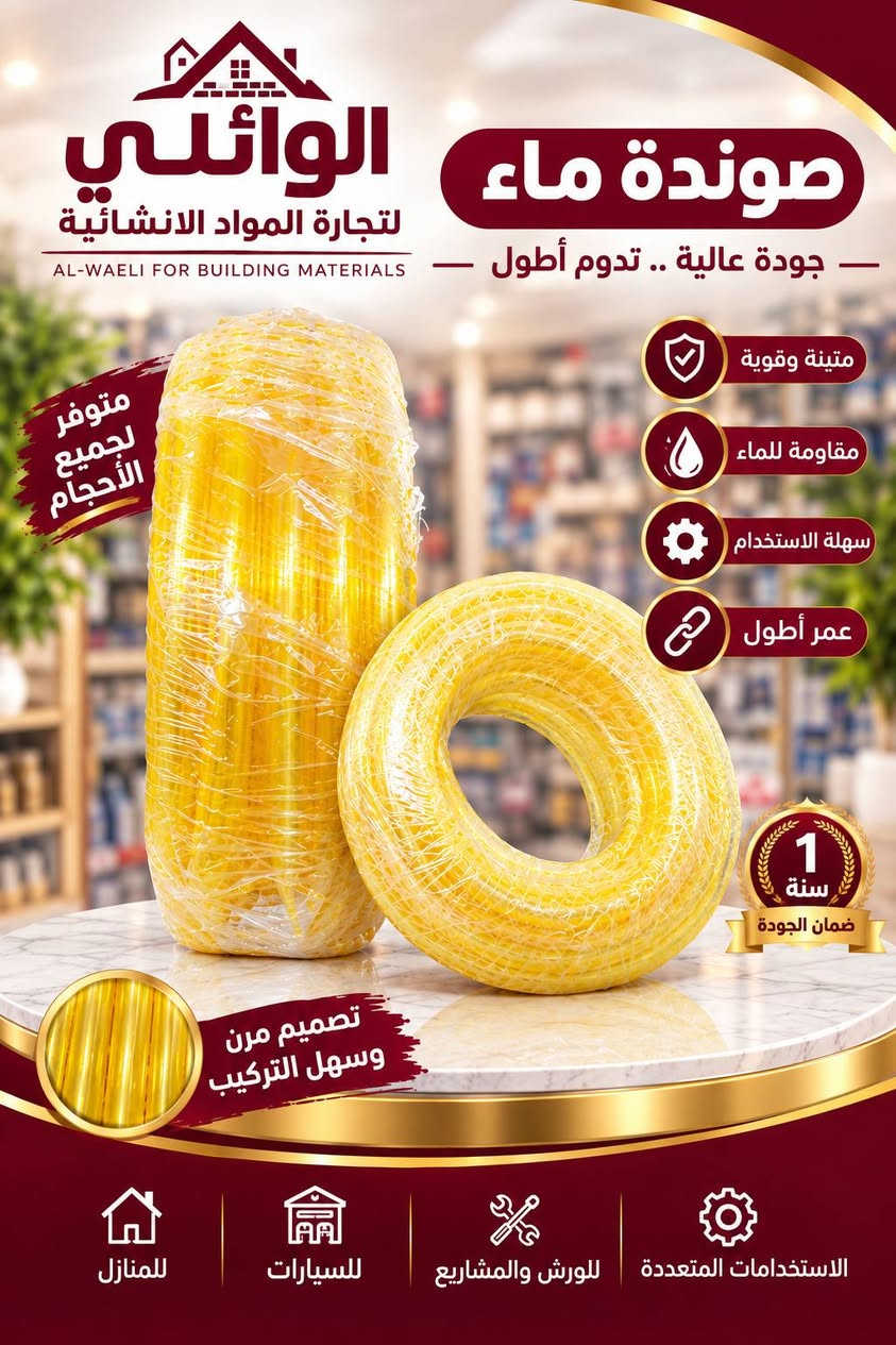 أسس بيتك واشتغل شغل مرتب من منتجات شركة الوائلي جوزة وامتياز ضمان حقيقي
***********

نص مكتوب في الصور:
- الوائلي لتجارة المواد الإنشائية AL-WAELI FOR BUILDING MATERIALS صوندة ماء جودة عالية .. تدوم أطول متينة وقوية مقاومة للماء سهلة الاستخدام عمر أطول متوفر جميع الأحجام 1 سنة ضمان الجودة تصميم مرن وسهل التركيب للمنزل للسيارات للورش والمشاريع الاستعمالات المتعددة
- الوايلي لتجارة المواد الإنشائية AL-WAELI FOR BUILDING MATERIALS صوندة ماء - جودة عالية .. تدوم أطول - متوفر بجميع الأحجام متينة وقوية مقاومة للماء سهلة الاستخدام عمر أطول 1 سنة ضمان الجودة تصميم متين وسهل التركيب للمنزل للسيارات لورش والمشاريع الاستعمالات المتعددة
- الوايلي لتجارة المواد الانشائية AL-WAELI FOR BUILDING MATERIALS صوندة ماء جودة عالية .. تدوم أطول متوفر لجميع الأحجام متينة وقوية مقاومة للماء سهلة الاستخدام عمر أطول 1 سنة ضمان الجودة تصميم مرن وسهل التركيب للمنازل للسيارات للورش والمشاريع الاستخدامات المتعددة
- الواتلي لتجارة المواد الإنشائية AL-WAELI FOR BUILDING MATERIALS صوندة سنك عريضة صفراء جودة عالية .. تدوم لفترة أطول مقاومة عالية للتآكل والحرارة مانع للتسرب بشكل ممتاز مرونة عالية وسهولة التركيب عمر افتراضي طويل فتحة واسعة لتصريف أفضل الطض أطول وأوسع
- الوائلي لتجارة المواد الإنشائية AL-WAELI FOR BUILDING MATERIALS إضاءة أقوى لحياة أفضل جودة تنير كل زاوية .. إضاءة عالية السطوع موفر للطاقة بنسبة 80% راحة للعين ووضوح أكبر جودة عالية ومتانة ضمان 1 سنة LED PANEL LIGHT 40W 80% POWER SAVING 1 YEARS WARRANTY HIGH BRIGHTNESS HIGH CRI ENERGY SAVING ELEGANT APPEARANCE LONG WORKING LIFE Long life 30,000 Hours متوفر بعدة ألوان إضاءة الوائلي لتجارة المواد الإنشائية AL-WAELI FOR BUILDING MATERIALS
- الوائلي لتجارة المواد الإنشائية AL-WAELI FOR BUILDING MATERIALS صوندة تصريف سنك جودة عالية .. تدوم لفترة أطول الطول 3 متر مقاومة عالية للضغط والحرارة تصريف مياه بكفاءة عالية متين وطويل العمر مانع للتسرب بشكل ممتاز مرنة وقوية الوائلي لتجارة المواد الإنشائية AL-WAELI FOR BUILDING MATERIALS
- الوائلي لتجارة المواد الإنشائية AL-WAELI FOR BUILDING MATERIALS مصباح LED منفذ للإضاءة إضاءة قوية ... وتوفير في الطاقة إضاءة عالية السطوع موفر للطاقة بنسبة 80% راحة للعين ووضوح أكبر جودة عالية ومتانة ضمان 1 سنة متوفر بعدة ألوان إضاءة
