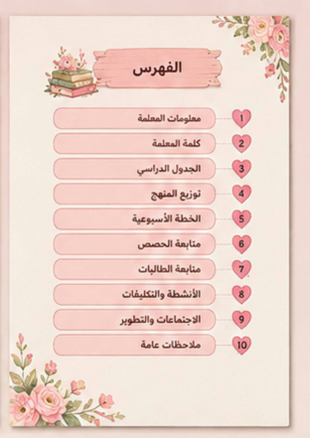 للطلب والحجز خاص

نص مكتوب في الصور:
- الفهرس
- معلومات المعلمة 1
- كلمة المعلمة 2
- الجدول الدراسي 3
- توزيع المنهج 4
- الخطة الأسبوعية 5
- متابعة الحصص 6
- متابعة الطالبات 7
- الأنشطة والتكليفات 8
- الاجتماعات والتطوير 9
- ملاحظات عامة 10
