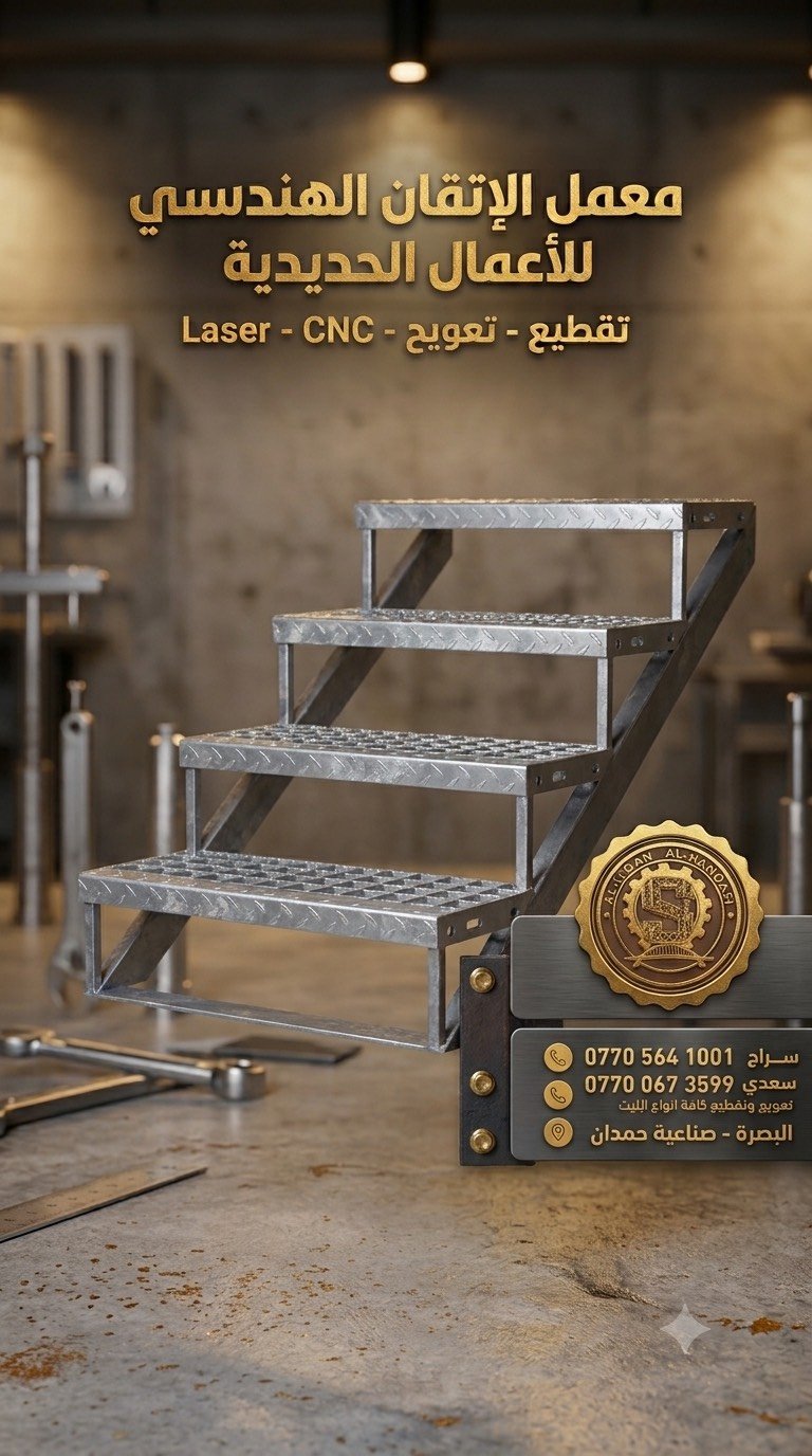 معمل الإتقان الهندسي للأعمال الحديدية
مستعدون لعمل جميع انواع البايات الكريتنك والبليت بكافة القياسات والاحجام 
كما يتوفر لدينا تعريج جميع انواع البليت وتصنيع السواقي بكافة القياسات والاثخان

(العنوان:البصرة صناعية حمدان مجاور معمل الملح)
(هاتف:*********** سراج)