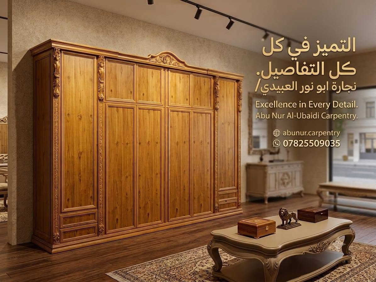 بسم الله الرحمن الرحيم
العنوان الرمادي سدة الحوز قرب مدرسة جنيد البغدادي 
عنوان التميز والابداع اتقان في العمل والتزام بالموعد
ومن الله التوفيق

نص مكتوب في الصور:
- CARPENTER
- نجارة
- أبو نور العبيدي
- ***********
- نجارة أبو نور العبيدي
- نجاره ابو نور العبيدي جودة في العمل .. ثقة في التعامل أعمال النجارة العامة أبواب خشب خزائن ودواليب تصميم حسب الطلب *********** الرمادي / سدة الحوز / قرب مدرسة جنيد البغدادي نصنع لك قطع أثاث مميزة
- تصاميم عصرية تناسب جميع الأذواق نجارة ابو نور العبيدي جودة عالية وإتقان في العمل *********** أثاث منزلي غرف نوم دواليب مطبخ تصاميم حسب الطلب نجارة ابو نور العبيدي
- نجارة ابو نور العبيدي جودة عالية ودقة في العمل تصاميم عصرية تناسب جميع الأذواق استخدام أجود أنواع الخشب تنفيذ حسب الطلب وبأعلى درجات الدقة *********** نجارة ابو نور العبيدي
- نجارة ابو نور العبيدي تصميم وتنفيذ جميع أنواع الأثاث الخشبي جودة عالية وتفاصيل دقيقة متانة عالية استخدام أجود أنواع الخشب تصاميم مميزة حسب الطلب التوصيل لجميع المناطق ***********
- التميز في كل كل التفاصيل.
- نجارة ابو نور العبيدي/
- Excellence in Every Detail.
- Abu Nur Al-Ubaidi Carpentry.
- abunur.carpentry
- نجارة ابو نور العبيدي ***********
- نجارة ابو نور العبيدي خشب قوي ومتين جودة عالية في التصنيع تفصيل حسب الطلب التزام بالمواعيد ***********