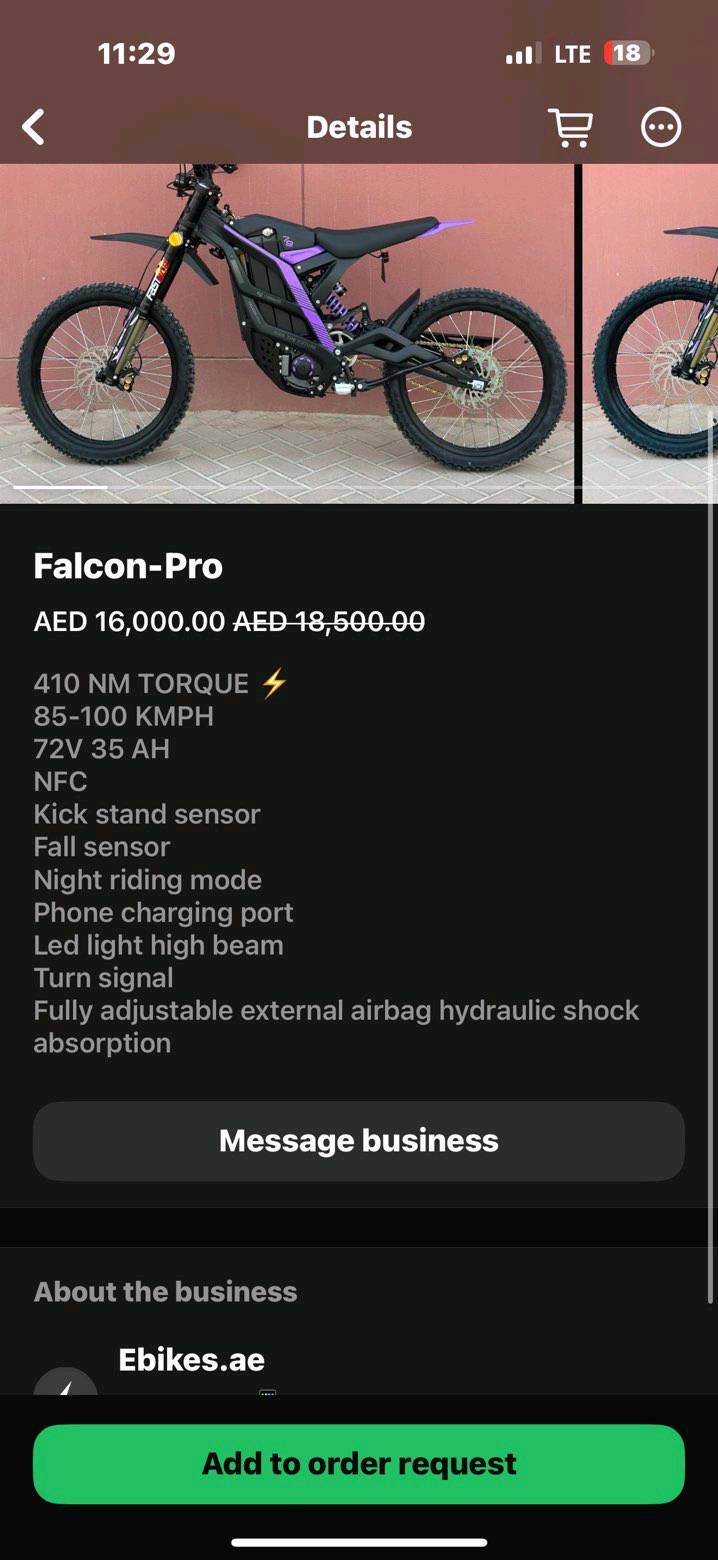 السلام عليكم
اليوم شي مختلف ومرتب 
قفاز شحن Falcon-Pro 
قفاز مرتب شلعه وخفيف هو مخصص للحركات 
استيراد خاص من الامارات 
تفاصيل 
410 NM TORQUE

85-100 KMPH

72V 35 AH

NFC

Kick stand sensor

Fall sensor

Night riding mode

Phone charging port

Led light high beam

Turn signal

Fully adjustable external airbag hydraulic shock

absorption
عربي 

عزم دوران 410 نيوتن متر

85-100 كم/ساعة

72V 35 AH

NFC

مستشعر مسند الدراجة

مستشعر السقوط

وضع القيادة الليلية

منفذ شحن الهاتف

ضوء LED عالي الشعاع

إشارة انعطاف

وسادة هوائية خارجية قابلة للتعديل بالكامل، امتصاص صدمات هيدروليكي امتصاص

فيديو شرح واذا عندك اسأله اكثر تفضل ***********
مكاني بغداد كرخ 

غالي مو رخيص بسعر t max مرقمه 
 وسبب البيع سفر واذا مانباع عادي ترة اضمه واسافر 😂