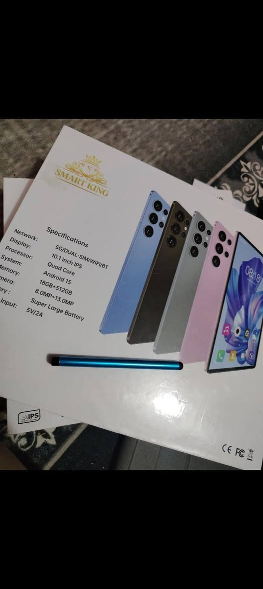 مواصفاته حسب العلبة والإعلانات المطابقة
الشاشة: 10.1 إنچ IPS LCD.
النظام: مكتوب على العلبة Android 15.
المعالج: Quad Core، يعني 4 أنوية.
الذاكرة: مكتوب 18GB RAM + 512GB تخزين.
الشبكة: 5G + شريحتين SIM + Wi-Fi + Bluetooth.
الكاميرات: 8MP أمامية و13MP خلفية حسب بعض القوائم المطابقة. 
الشحن: 5V/2A.
ويأتي عادةً مع كيبورد، ماوس، قلم وغطاء حسب
سعره ٧٥بي مجال مكاني بغداد حي العامل
