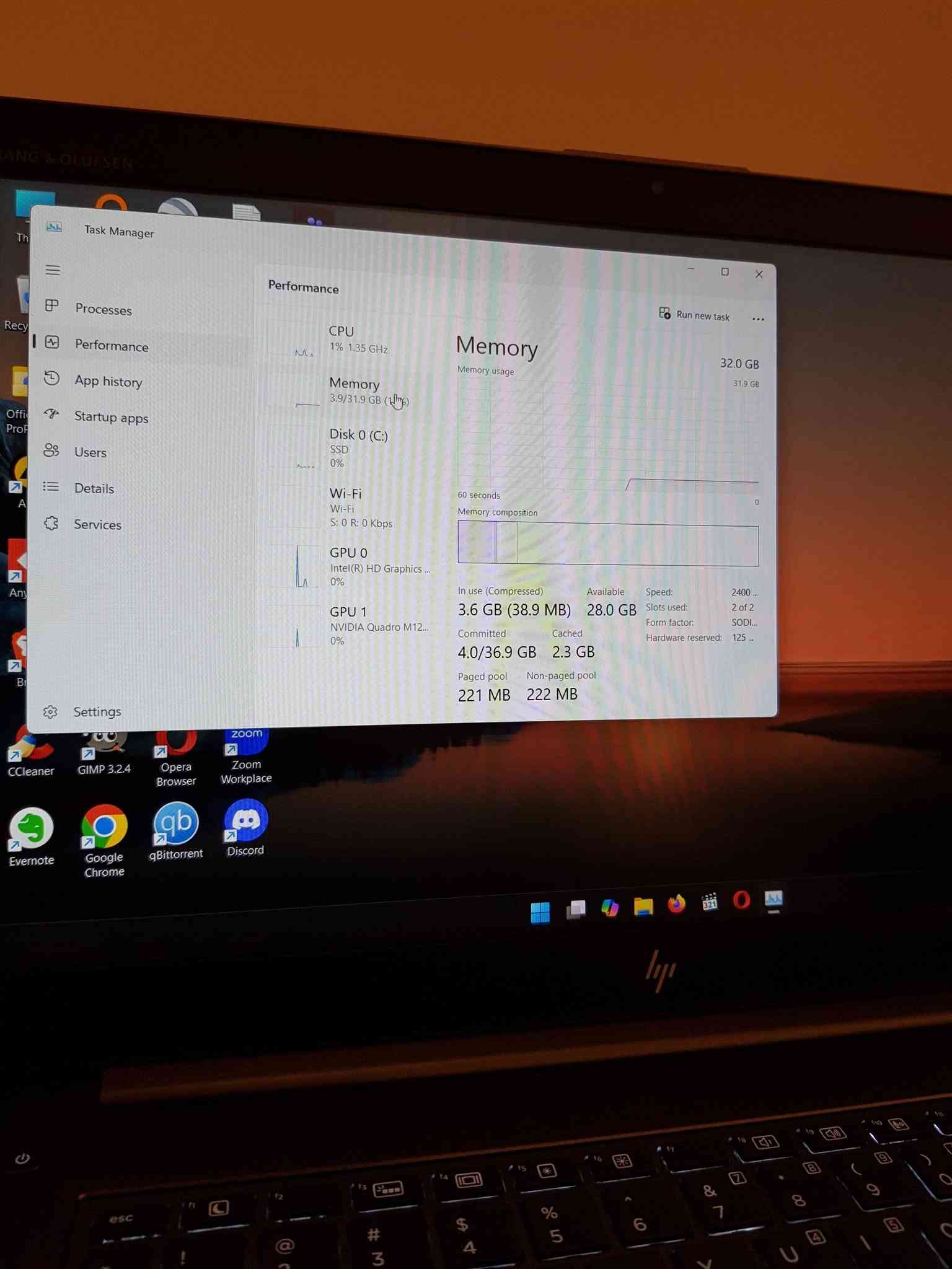السلام عليكم 
متوفر لابتوب Hp ZBook مستخدم 
المواصفات 👇
Cpu: Core i7-7700HQ 
Ram: 32GB 
Hard: SSD 256GB 
Gpu: NVIDIA Quadro M1200 4GB 
16GB shared 
Screen: 15.6" 
Windows 11 Activated 
النظافة %95 
السعر 350 الف 
اي استفسار واتساب : ***********

نص مكتوب في الصور:
- Task Manager
- Processes
- Performance
- App history
- Startup apps
- Users
- Details
- Services
- Settings
- Run new task
- CPU
- 1%, 1.35 GHz
- Memory
- 3.9/31.9 GB (12%)
- In use
- Disk 0 (C:)
- SSD
- 0%
- Wi-Fi
- S: 0 R: 0 Kbps
- GPU 0
- Intel(R) HD Graphics...
- GPU 1
- NVIDIA Quadro M12...
- CPU Intel(R) Core(TM) i7-7700HQ CPU @ 2.80GHz
- % Utilization
- 100%
- 60 seconds
- Utilization
- 1%
- Speed
- 1.35 GHz
- Base speed:
- Sockets:
- Cores:
- 2.81 GHz
- 1
- 4
- 168
- Threads
- 1912
- Handles
- 68188
- Logical processors: 8
- Virtualization:
- Hyper-V support:
- Disabled
- Yes
- Up time
- 11:01:01:33
- L1 cache:
- L2 cache:
- L3 cache:
- 256 KB
- 1.0 MB
- 6.0 MB
- CCleaner
- GIMP 3.2.4
- Opera
- Browser
- Zoom
- Workplace
- Evernote
- Google
- Chrome
- qBitTorrent
- Discord
- 1% 1.35 GHz
- Intel(R) HD Graphics ...
- Memory usage
- 32.0 GB
- 31.9 GB
- 0
- Memory composition
- In use (Compressed)
- 3.6 GB (38.9 MB)
- Available
- 28.0 GB
- Speed:
- 2400 ...
- Slots used:
- 2 of 2
- Form factor:
- SODI...
- Committed
- 4.0/36.9 GB
- Cached
- 2.3 GB
- Hardware reserved:
- 125 ...
- Paged pool
- 221 MB
- Non-paged pool
- 222 MB
- 1% 1.39 GHz
- KBG50ZNV256G KIOXIA
- Disk transfer rate
- 0 MB/s
- 7 MB/s
- Active time
- Average response time
- 0 ms
- Capacity:
- Formatted:
- System disk:
- Page file:
- Type:
- 239 GB
- Read speed
- 0 KB/s
- Write speed
- Cleaner
- Task Manager Processes Performance App history Startup apps Users Details Services Settings Performance Run new task CPU 1% 1.47 GHz Memory 3.9/31.9 GB (12%) Disk 0 (C:) SSD 0% Wi-Fi Wi-Fi S: 0 R: 0 Kbps GPU 0 Intel(R) HD Graphics ... 0% GPU 1 NVIDIA Quadro M12... 0% GPU 3D 0% Copy 0% Video Decode 0% Video Processing 0% GPU Intel(R) HD Graphics 630 Shared GPU memory usage 15.9 GB Utilization 0% GPU Memory 0.2/15.9 GB Shared GPU memory 0.2/15.9 GB Driver version: 31.0.10... Driver date: 11/5/20... DirectX version: 12 (FL 1... Physical location: PCI bus ... GIMP 3.2.4 Opera Browser Zoom Workplace Google Chrome qBittorrent Discord