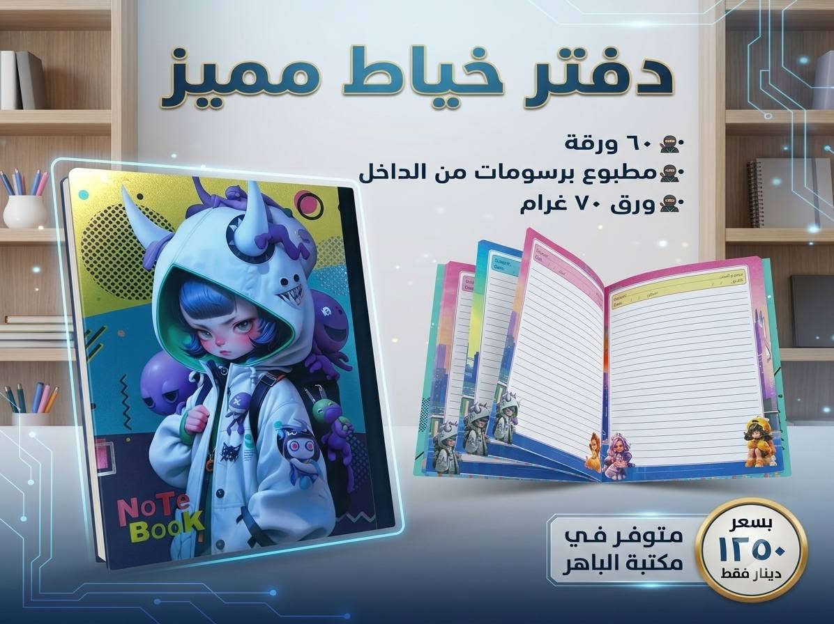 📚✨ دفتر خياط برسومات مميزة ✨📚
دفتر عملي وأنيق، مناسب للطلاب والاستخدام اليومي 💯
📝 ٦٠ ورقة
🎨 رسومات مطبوعة في الداخل
📄 ورق ٧٠ غرام
💰 السعر ١٢٥٠ دينار فقط
🔥 متوفر الآن في مكتبة الباهر
📍 العنوان: عنه – نهاية شارع الحضرة – قرب جامع النور
📲 للطلب والاستفسار:
***********
***********
🚚 التوصيل متوفر:
داخل قضاء عنه ١٠٠٠ دينار فقط
جميع المحافظات ٥٠٠٠ دينار فقط
