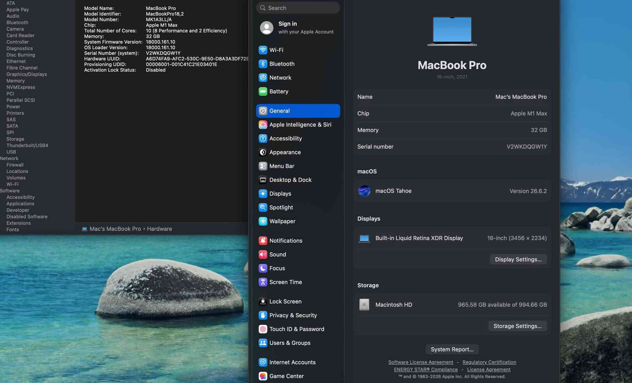 MacBook Pro 2021 16” M1 Max 
Ram 32 | SSD 1 TB

Battery 96 | Cycle 63 

السعر وباقي الماكات بالقناة 

https://t.me/macmastersiQ/1207

نص مكتوب في الصور:
- ATA Audio Bluetooth Camera Card Reader Controller Diagnostics Disc Burning Ethernet Fibre Channel Graphics/Displays Memory NVMeExpress PCI Parallel SCSI Power Printers SAS SATA SPI Storage Thunderbolt/USB4 USB Network Firewall Locations Volumes Wi-Fi Software Accessibility Applications Developer Disabled Software Extensions Fonts Mac's MacBook Pro > Hardware Model Name: MacBook Pro Model Identifier: MacBookPro18,2 Model Number: MK1A3LL/A Chip: Apple M1 Max Total Number of Cores: 10 (8 Performance and 2 Efficiency) Memory: 32 GB System Firmware Version: 18000.161.10 OS Loader Version: 18000.161.10 Serial Number (system): V2WKDQGW1Y Hardware UUID: A6D74FA9-AFC2-530C-9E50-D8A3A3DF729 Provisioning UDID: 00006001-001C41C21E03401E Activation Lock Status: Disabled Search Sign in with your Apple Account Wi-Fi Bluetooth Network Battery General Apple Intelligence & Siri Accessibility Appearance Menu Bar Desktop & Dock Displays Spotlight Wallpaper Notifications Sound Focus Screen Time Lock Screen Privacy & Security Touch ID & Password Users & Groups Internet Accounts Game Center MacBook Pro 16-inch, 2021 Name Mac's MacBook Pro Chip Apple M1 Max Memory 32 GB Serial number V2WKDQGW1Y macOS macOS Tahoe Version 26.6.2 Displays Built-in Liquid Retina XDR Display 16-inch (3456 x 2234) Display Settings... Storage Macintosh HD 965.58 GB available of 994.66 GB Storage Settings... System Report... Software License Agreement - Regulatory Certification ENERGY STAR® Compliance - License Agreement TM and (C) 1983-2026 Apple Inc. All Rights Reserved.
- ATA Apple Pay Audio Bluetooth Camera Card Reader Controller Diagnostics Disc Burning Ethernet Fibre Channel Graphics/Displays Memory NVMExpress PCI Parallel SCSI Power Printers SAS SATA SPI Storage Thunderbolt/USB4 USB Network Firewall Locations Volumes Wi-Fi Software Accessibility Applications Developer Disabled Software Extensions Fonts Model Information: Serial Number: F5D232116800VC5B9 Device Name: bq40z651 Pack Lot Code: 0 PCB Lot Code: 0 Firmware Version: 0b00 Hardware Revision: 100 Cell Revision: 4014 Charge Information: The battery's charge is below the warning level: No Fully Charged: No Charging: No State of Charge (%): 77 Health Information: Cycle Count: 63 Condition: Normal Maximum Capacity: 96% System Power Settings: AC Power: System Sleep Timer (Minutes): 1 Disk Sleep Timer (Minutes): 10 Display Sleep Timer (Minutes): 10 Sleep on Power Button: Yes Wake on LAN: Yes Hibernate Mode: 3 High Power Mode: No Low Power Mode: No Prioritize Network Reachability Over Sleep: No Battery Power: System Sleep Timer (Minutes): 1 Disk Sleep Timer (Minutes): 10 Display Sleep Timer (Minutes): 2 Sleep on Power Button: Yes Wake on LAN: No Current Power Source: Yes Hibernate Mode: 3 High Power Mode: No Mac's MacBook Pro > Hardware > Power Search Sign in with your Apple Account Wi-Fi Bluetooth Network Battery General Apple Intelligence Siri Accessibility Appearance Menu Bar Desktop & Dock Displays Spotlight Wallpaper Notifications Sound Focus Screen Time Lock Screen Privacy & Security Touch ID & Password Users & Groups Internet Accounts Game Center MacBook Pro 16-inch, 2021 Name Mac's MacBook Pro Chip Apple M1 Max Memory 32 GB Serial number V2WKDQGW1Y macOS macOS Tahoe Version 26.6.2 Displays Built-in Liquid Retina XDR Display 16-inch (3456 x 2234) Display Settings... Storage Macintosh HD 965.58 GB available of 994.66 GB Storage Settings... System Report... Software License Agreement Regulatory Certification ENERGY STAR Compliance License Agreement TM and © 1983-2026 Apple Inc. All Rights Reserved.
- ATA Audio Bluetooth Camera Card Reader Controller Diagnostics Disc Burning Ethernet Fibre Channel Graphics/Displays Memory NVMeExpress PCI Parallel SCSI Power Printers SAS SATA SPI Storage Thunderbolt/USB4 USB Network Firewall Locations Volumes Wi-Fi Software Accessibility Applications Developer Disabled Software Extensions Fonts Mac's MacBook Pro > Hardware > Graphics/Displays Chipset Model: Apple M1 Max Type: GPU Bus: Built-In Total Number of Cores: 32 Vendor: Apple (0x106b) Metal Support: Metal 4 Displays: Color LCD: Display Type: Built-in Liquid Retina XDR Display Resolution: 3456 x 2234 Retina Main Display: Yes Mirror: Off Online: Yes Automatically Adjust Brightness: Yes Connection Type: Internal Q Search Sign in with your Apple Account Wi-Fi Bluetooth Network Battery General Apple Intelligence & Siri Accessibility Appearance Menu Bar Desktop & Dock Displays Spotlight Wallpaper Notifications Sound Focus Screen Time Lock Screen Privacy & Security Touch ID & Password Users & Groups Internet Accounts Game Center MacBook Pro 16-inch, 2021 Name Mac's MacBook Pro Chip Apple M1 Max Memory 32 GB Serial number V2WKDQGW1Y macOS macOS Tahoe Version 26.6.2 Displays Built-in Liquid Retina XDR Display 16-inch (3456 x 2234) Display Settings... Storage Macintosh HD 965.58 GB available of 994.66 GB Storage Settings... System Report... Software License Agreement - Regulatory Certification ENERGY STAR Compliance - License Agreement TM and (c) 1983-2026 Apple Inc. All Rights Reserved.