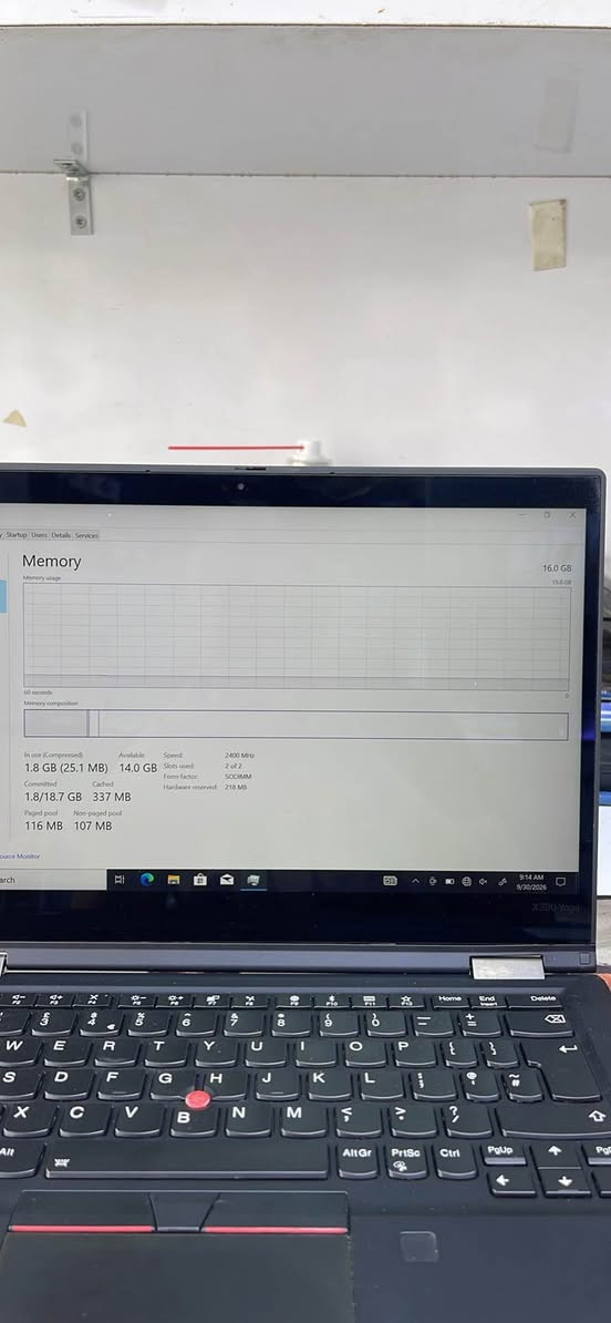 لابتوب لينوفو يوغا 
YOGA X390
CORE i7 intel 
generation 8
RAM 16 
HARD SSD 256GB 
رقم الهاتف : *********** 
يوجد توصيل لجميع محافظات العراق أربيل, العراق

نص مكتوب في الصور:
- Startup Users Details Services Memory Memory usage 16.0 GB 15.8 GB 60 seconds Memory composition In use (Compressed) Available Speed 2400 MHz 1.8 GB (25.1 MB) 14.0 GB Slots used: 2 of 2 Form factor: SODIMM Committed Cached Hardware reserved: 218 MB 1.8/18.7 GB 337 MB Paged pool Non-paged pool 116 MB 107 MB curce Monitor arch 9:14 AM 9/30/2026 X390 Yoga
- Startup Users Details Services Disk 0 (C:) KXG6AZNV256G TOSHIBA Active time 100% 60 seconds 0 60 seconds Disk transfer rate 100 KB/s Active time 0% Average response time 0 ms Read speed 0 KB/s Write speed 0 KB/s Capacity: 239 GB Formatted: 239 GB System disk: Yes Page file: Yes Type: SSD source Monitor 9:14 AM 9/30/2026 X390 Yoga