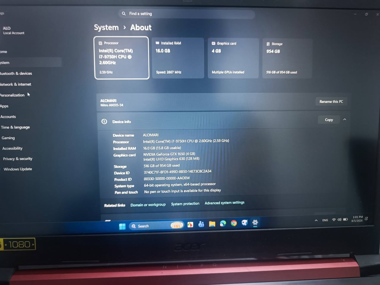 للبيع | Acer Nitro 5 AN515-54 بحالة ممتازة 
💻 المواصفات:

الموديل: Acer Nitro 5 AN515-54

الشاشة: 15.6 إنج Full HD

المعالج: Intel Core i7-9750H (الجيل التاسع)

6 أنوية / 12 خيط معالجة

سرعة تصل إلى 4.5GHz (Turbo)

الذاكرة (RAM): 16GB DDR4

كرت الشاشة:

NVIDIA GeForce GTX 1650 (4GB)

Intel UHD Graphics 630

التخزين: 1TB SSD (حوالي 954GB فعلي)

النظام: Windows 11 Pro (64-bit) اصلي

✅ مناسب لـ:

البرمجة وتطوير الأنظمة

برامج التصميم والمونتاج

الذكاء الاصطناعي والمحاكاة

الألعاب المتوسطة والقوية

📌 حالة الجهاز: نظيف جدا وبه ضمان ويعمل بكفاءة عالية، استخدام شخصي.
📍 الموقع: ذي قار – الناصرية.

يرجى التواصل 
***********
او ع الخاص
