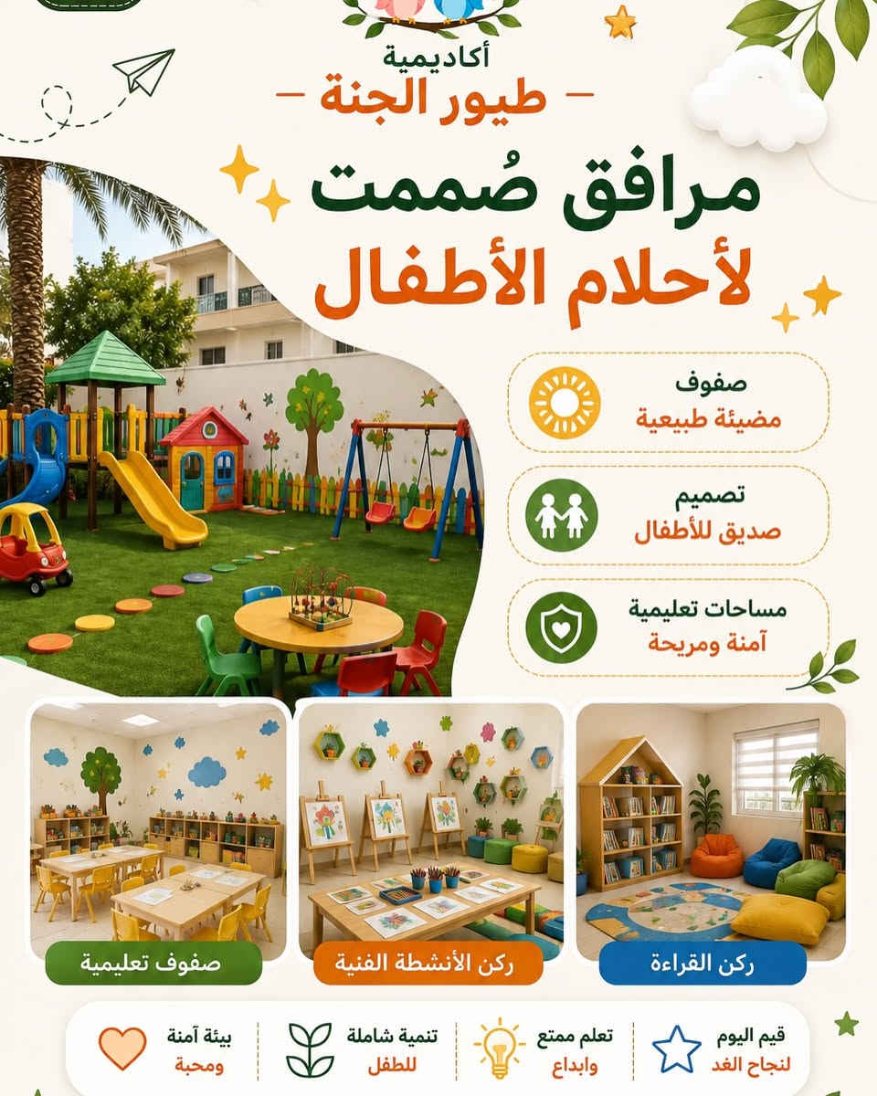 المقاعد محدودة والتسجيل مستمر 🚨

🌟 أكاديمية طيور الجنة 🌟
نستقبل أطفالكم للعام الدراسي الجديد 

📚 تعليم ممتع + أنشطة متنوعة + مهارات جديدة
🎨 نكتشف مواهب أطفالنا وننمي إبداعهم
🧩 نتعلم من خلال اللعب والتجربة
💖 بيئة آمنة ومحببة للطفل

✨ خلّي بداية طفلك تكون بخطوة صحيحة ومميزة

📞 للتسجيل والاستفسار :
***********

📍 بغداد – الغزالية – شارع المركز
