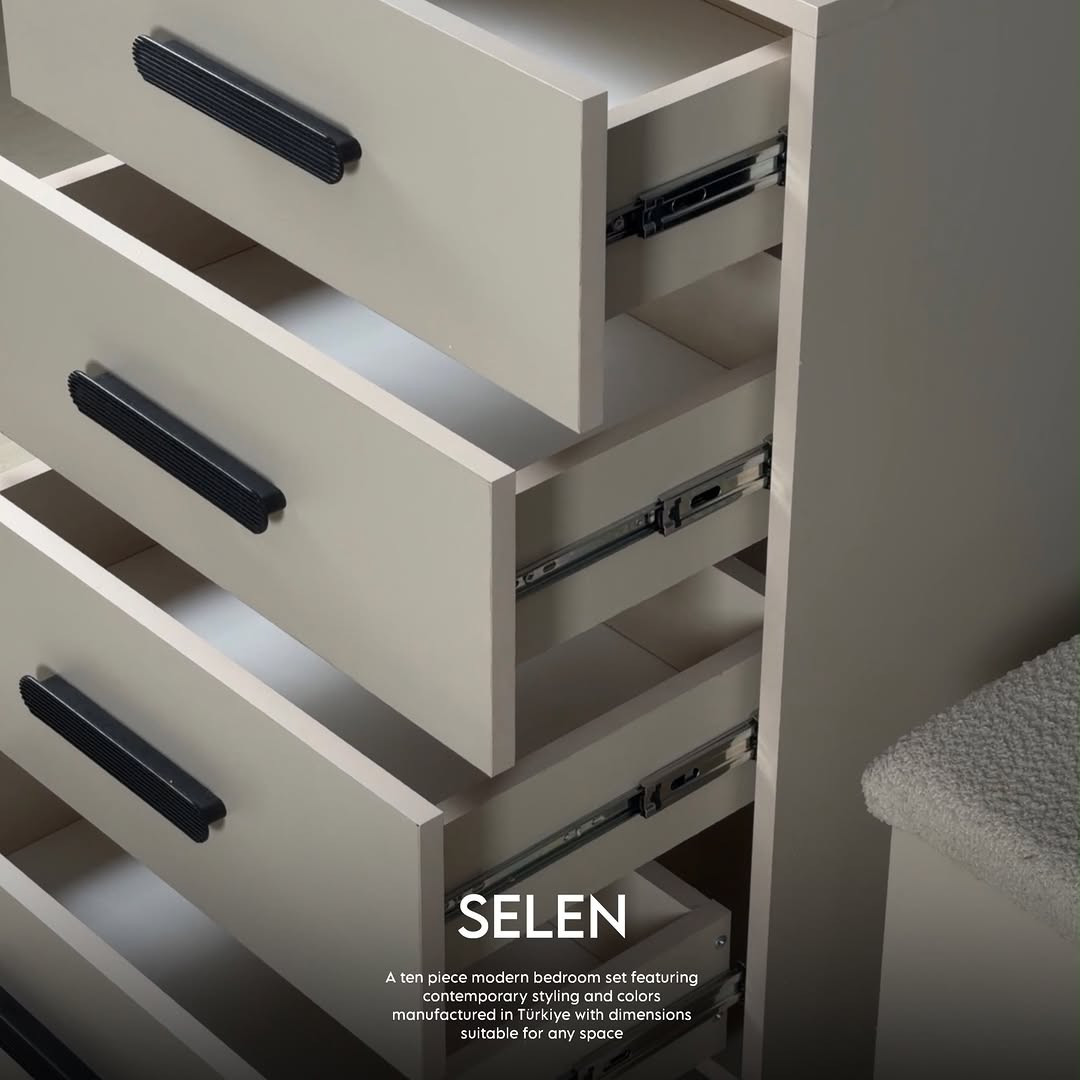 

نص مكتوب في الصور:
- SELEN A ten piece modern bedroom set featuring contemporary styling and colors manufactured in Türkiye with dimensions suitable for any space
- SELEN
- A ten piece modern bedroom set featuring
- contemporary styling and colors
- manufactured in Türkiye with dimensions
- suitable for any space
- A ten piece modern bedroom set featuring contemporary styling and colors manufactured in Türkiye with dimensions suitable for any space