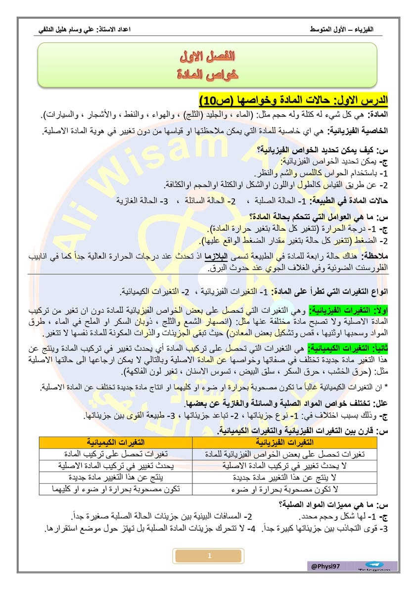 ملزمة فيزياء • الاول متوسط • علي وسام الدلفي