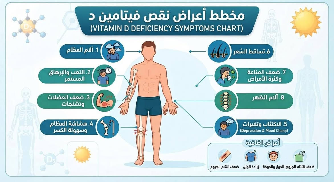 نقص فيتامين دي من المشاكل الصحية الشائعة جداً حول العالم، حيث يلعب هذا الفيتامين دوراً جوهرياً في صحة العظام والجهاز المناعي

 للاستفسار اكثر يمكنكم التواصل على الرقم / واتس اب 
***********
***********
***********
***********

المحمودية شارع الاطباء بالقرب من حسينية بيت النجار مقابل اسواق دار النجار مجاور صيدليه النبض  مجاور مختبر ألفا بلس للتحليلات المرضيه   داخل  مجمع ابن سينا الطبي  

#المحمودية
#المحموديه
#مجمعات
#مجمعات_طبية 
#اكسبلور 
#اكسبلور_فولو

نص مكتوب في الصور:
- مخطط أسباب نقص فيتامين د (VITAMIN D DEFICIENCY CAUSES CHART) 1. قلة التعرض للشمس (Lack of Sunlight Exposure) 2. استخدام واقي الشمس المفرط (Excessive Sunscreen Use) 3. البشرة الداكنة (Dark Skin) 4. التقدم في السن (Aging) 5. سوء الامتصاص المعوي (Malabsorption Syndromes) 6. أمراض الكلى المزمنة (Chronic Kidney Disease) 7. أمراض الكبد (Liver Diseases) 8. سوء التغذية (Malnutrition)
- مخطط أعراض نقص فيتامين د (VITAMIN D DEFICIENCY SYMPTOMS CHART) 1. آلام العظام 2. التعب والإرهاق المستمر 3. ضعف العضلات وتشنجات 4. هشاشة العظام وسهولة الكسر 5. الاكتئاب وتغيرات (Depression & Mood Chans) 6. تساقط الشعر 7. ضعف المناعة وكثرة الأمراض 8. آلام الظهر أعراض إضافية ضعف التئام الجروح الدوار والدوخة زيادة الوزن ضعف التئام الجروح
- مضاعفات نقص فيتامين د (Vitamin D Deficiency Complications Chart) 1. هشاشة العظام (Osteoporosis) 2. الكساح (Rickets) 3. آلام العضلات وضعفها (Muscle Pain and Weakness) 4. ضعف المناعة (Weak Immune System) 5. أمراض القلب والأوعية الدموية (Cardiovascular Diseases) 6. الاكتئاب وتقلبات المزاج (Depression and Mood Changes) 7. زيادة خطر الإصابة بالسرطان (Increased Cancer Risk) 8. أمراض المناعة الذاتية (Autoimmune Diseases)