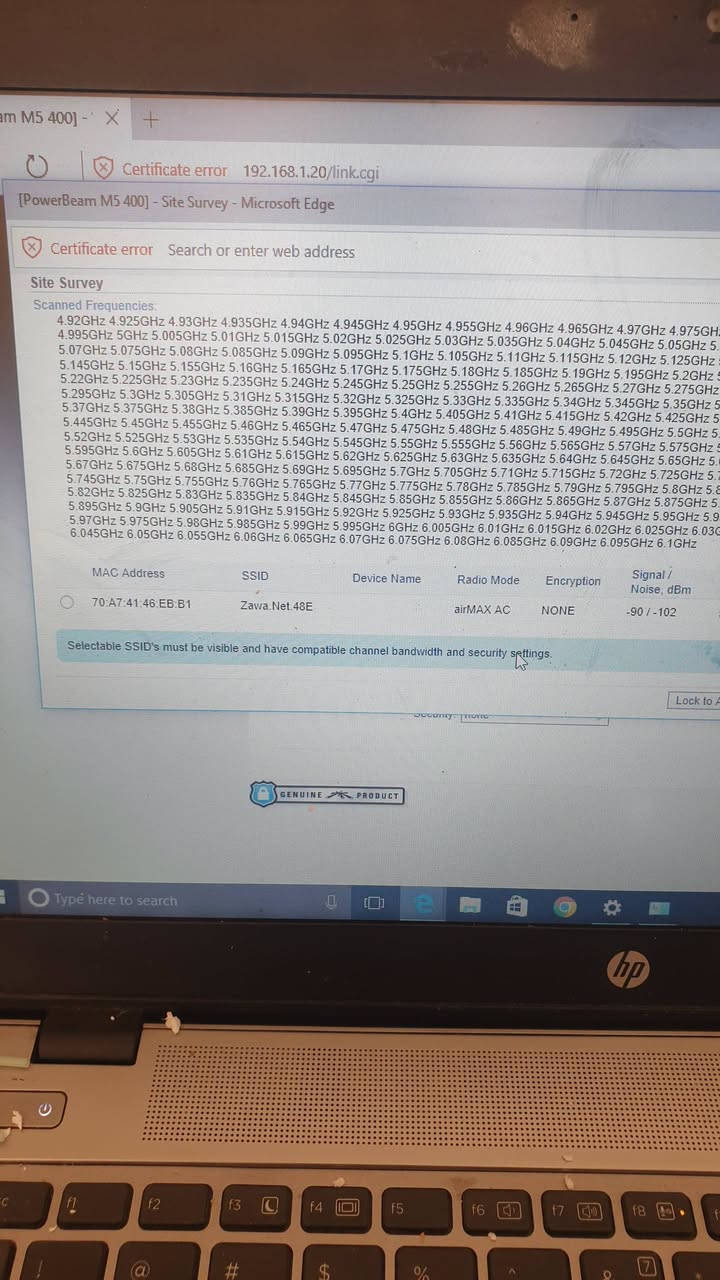 ٥٥ الف مع توصيل مکانی دهوک

نص مكتوب في الصور:
- Certificate error 192.168.1.20/index.cgi PowerBeam M5 MAIN WIRELESS NETWORK ADVANCED SERVICES Status Device Model: PowerBeam M5 400 Device Name: PowerBeam M5 400 Network Mode: Bridge Wireless Mode: Disabled SSID: - Security: - Version: v6.2.0 (XW) Uptime: 00:01:27 Date: 2019-07-03 11:18:20 Channel/Frequency: - / - Channel Width: - Distance: - TX/RX Chains: 2X2 TX Power: - Antenna: 400 - 25 dBi WLAN0 MAC: 24:5A:4C:32:40:99 LAN0 MAC: 24:5A:4C:33:40:99 LAN0: 100Mbps-Full Monitor Throughput | AP Information | Interfaces | ARP Table | Bridge Table | LAN0 RX: 1.23kbps TX: 1.10kbps