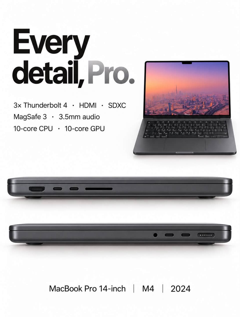 MacBook Pro 14-inch M4 – 2024

الجهاز نظيف جداً 100% وحالته ممتازة.

المواصفات:

* Apple M4
* RAM: 16GB Unified Memory
* Storage: 512GB SSD
* شاشة 14.2-inch Liquid Retina XDR
* 10-Core CPU
* 10-Core GPU
* Thunderbolt 4
* HDMI
* SDXC
* MagSafe 3

السعر: 2,400,000 دينار عراقي
يوجد مجال بسيط جداً بالسعر.

📍 البصرة – التحسينية
📞 ***********

نص مكتوب في الصور:
- MacBook Pro
- 14-inch • M4 • 2024
- 16GB Memory | 512GB SSD
- نظافة 100% حسب وصف المالك
- Built for more. M4 Apple silicon 16GB Unified memory 512GB SSD storage 14.2-inch Liquid Retina XDR MacBook Pro . 2024
- Every detail, Pro. 3x Thunderbolt 4 • HDMI • SDXC MagSafe 3 • 3.5mm audio 10-core CPU • 10-core GPU MacBook Pro 14-inch | M4 | 2024