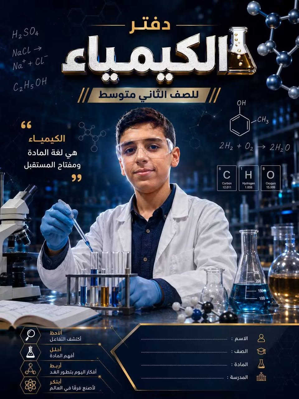 📚✨ غزل للطباعة ✨📚
لأن الدراسة تحتاج ترتيب وذوق، وفرنا لكم أجمل التصاميم المدرسية 💙
📝 دفاتر وأوراق مدرسية بتصاميم مميزة
🔬 تصاميم مواد العلوم والكيمياء
📒 أغلفة ودفاتر مرتبة للطلاب
🏫 تصاميم خاصة للمدارس والمعلمين
🎨 طباعة حسب الطلب وبالتصميم اللي تختاروه
🖨️ دقة بالطباعة وترتيب يليق بشغلكم
للطلبة والمعلمين والمدارس والأهالي ❤️
اختاروا التصميم… وخلّوا الطباعة علينا 🌟
📍 غزل للطباعة — لمسة جميلة لكل ورقة ودفتر

نص مكتوب في الصور:
- دفتر الكيمياء للصف الثاني متوسط الكيمياء هي لغة المادة وفهم أسرار الحياة اكتشف تجرب افهم ابتكر الكيمياء في كل شيء فهم المادة تفسير التفاعلات تطبيق في الحياة أساس المستقبل الاسم : الصف : المادة : المدرسة :
- دفتر الكيمياء للصف الثاني متوسط الكيمياء هي لغة المادة وفهم أسرار الحياة الاسم : الصف : المادة : المدرسة : فهم تحليل تفاعل Na Cl -> Na+ + Cl- H2SO4 C2H5OH 2H2 + O2 -> 2H2O OH CH3
- E = mc^2 F = ma V = u + at P = mgh^2 دفتر الفيزياء // للصف الثاني متوسط // الفيزياء تفسير للطبيعة ولغة للكون الاسم: الصف: المادة: المدرسة:
- دفتر الكيمياء للصف الثاني متوسط H2SO4 NaCl -> Na+ + Cl- C2H5OH الكيمياء هي لغة المادة ومفتاح المستقبل OH 2H2 + O2 -> 2H2O 6 C Carbon 12.011 1 H Hydrogen 1.008 8 O Oxygen 15.999 ألاحظ أكتشف التفاعل أحلل أفهم المادة أربط أفكار اليوم بتطور الغد أبتكر لأصنع فرقًا في العالم الاسم : .............................................................. الصف : .............................................................. المادة : .............................................................. المدرسة : .............................................................
- دفتر الكيمياء // للصف الثاني متوسط // 2H2 + O2 -> 2H2O C2H5OH + 3O2 -> 2CO2 + 3H2O OH CH3 CH3 6 C Carbon 12.011 الكيمياء هي لغة المادة وفهم أسرار الحياة استكشف تجرب افهم ابكر الكيمياء في كل شيء أساس المستقبل تطبيق في الحياة تفسير التفاعلات فهم المادة الاسم : الصف : المادة : المدرسة :
- ENGLISH NOTEBOOK FOR 2nd INTERMEDIATE The limits of my language are the limits of my world. - Ludwig Wittgenstein