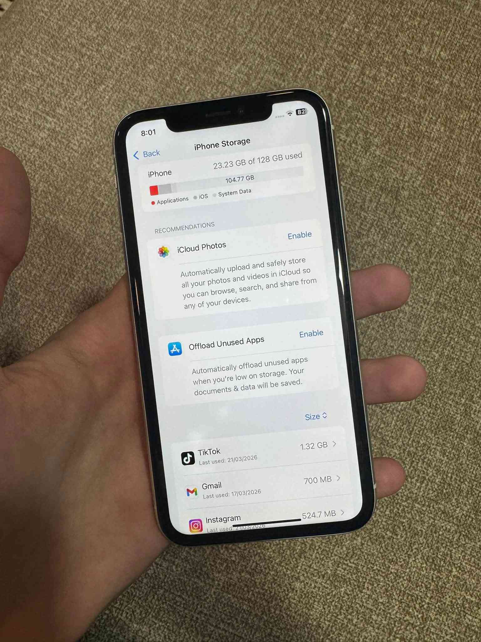 ايفون xr للبيع
بطارية 80
ذاكرة 128gb
جهاز نضيف مثل ما واضح بالصور
شاشة مبدلة اصلية
سعر 120 الف
مكاني موصل 
للاستفسار تواصل واتس اب على الرقم:
***********
***********

نص مكتوب في الصور:
- 8:00 82 Battery Battery Health & Charging Phone batteries, like all rechargeable batteries, are consumable components that become less effective as they age. Learn more... 80% Maximum Capacity This is a measure of battery capacity relative to when it was new. Lower capacity may result in fewer hours of usage between charges. Peak Performance Capability Your battery is currently supporting normal peak performance. Optimized Battery Charging To reduce battery aging, iPhone learns from your daily charging routine so it can wait to finish charging past 80% until you need to use it. Optimized Battery Charging is off until 6:00 AM.
- 8:01 82 < Back iPhone Storage 23.23 GB of 128 GB used iPhone 104.77 GB Applications iOS System Data RECOMMENDATIONS Enable iCloud Photos Automatically upload and safely store all your photos and videos in iCloud so you can browse, search, and share from any of your devices. Enable Offload Unused Apps Automatically offload unused apps when you're low on storage. Your documents & data will be saved. Size < TikTok Last used: 21/03/2026 1.32 GB > Gmail Last used: 17/03/2026 700 MB > Instagram Last used: 21/03/2026 524.7 MB >