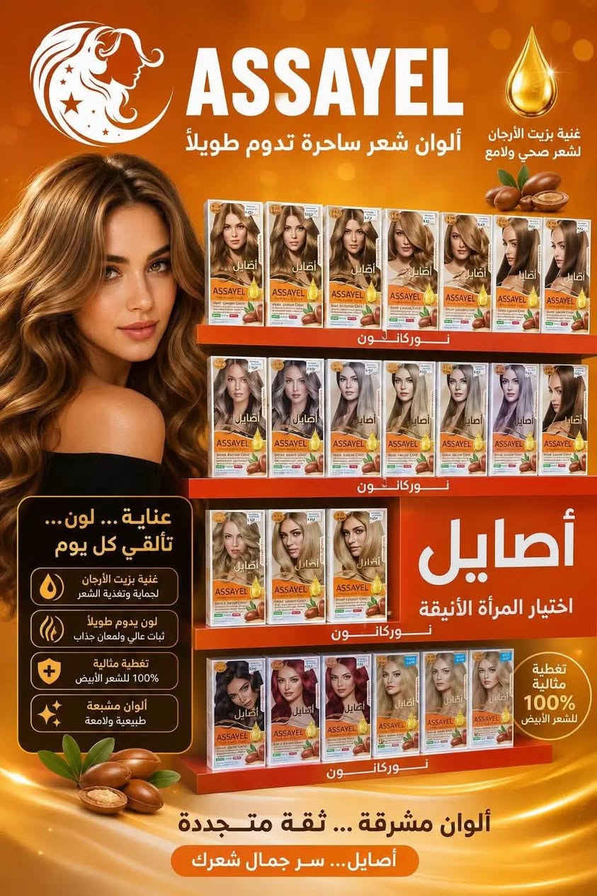 @

نص مكتوب في الصور:
- NOOR CANON FOR COSMETICS صبغة شعر أصايل ألوان تدوم.. ولمعان يخطف الأنظار بزيت الأرغان لتغذية الشعر وحمايته من الجفاف والتقصف 6.111 Dark Olive Ash Blonde 6.111 LOW AMMONIA NC أصايل ASSAYEL PROFESSIONAL Argan Serum Color صبغة شعر بالسيروم والأرغان 100% Grey Coverage Hair Dye Argan Oil extract Quality Hair Dye Volume & Shiny 7.8 Intense Olive 7.8 LOW AMMONIA NC أصايل ASSAYEL PROFESSIONAL Argan Serum Color صبغة شعر بالسيروم والأرغان 100% Grey Coverage Hair Dye Argan Oil extract Quality Hair Dye Volume & Shiny 7.11 Olive Blonde 7.11 LOW AMMONIA NC أصايل ASSAYEL PROFESSIONAL Argan Serum Color صبغة شعر بالسيروم والأرغان 100% Grey Coverage Hair Dye Argan Oil extract Quality Hair Dye Volume & Shiny 6.11 Olive Dark Blonde 6.11 LOW AMMONIA NC أصايل ASSAYEL PROFESSIONAL Argan Serum Color صبغة شعر بالسيروم والأرغان 100% Grey Coverage Hair Dye Argan Oil extract Quality Hair Dye Volume & Shiny تركيبة بمنخفض الأمونيا لطيفة على الشعر تغطية مثالية للشعر الأبيض 100% زيت الأرغان لتغذية وحماية الشعر ألوان عصرية لامعة تدوم طويلاً
- ASSAYEL ألوان شعر ساحرة تدوم طويلاً غنية بزيت الأرجان لشعر صحي ولامع عناية ... لون ... تألقي كل يوم غنية بزيت الأرجان لحماية وتغذية الشعر لون يدوم طويلاً ثبات عالي ولمعان جذاب تغطية مثالية %100 للشعر الأبيض ألوان مشبعة طبيعية ولامعة أصايل اختيار المرأة الأنيقة ألوان مشرقـة ... ثقة متجددة أصايل... سر جمال شعرك
- ASSAYEL ألوان شعر ساحرة تدوم طويلاً لإطلالة مشرفة و أنثوية عناية... لون... تألقي كل يوم لون يدوم طويلاً ثبات عالي ولمعان جذاب غنية بزيت الزيتون لحماية ونعومة الشعر تغطية مثالية لشعر أبيض %100 أصايل ... اختيار المرأة الأنيقة
- أصايل ASSAYEL PROFESSIONAL لون غني.. تغطية مثالية شعر صحي.. ولمعان يدوم صبغة الشعر الدائمة PERMANENT HAIR COLOR أصايل.. سر جمال شعرك PROFESSIONAL CARE AT HOME خلاصة زيت الأركان لتغذية وحماية الشعر تغطية 100% للشعر الأبيض ألوان زاهية ولمعان طويل الأمد