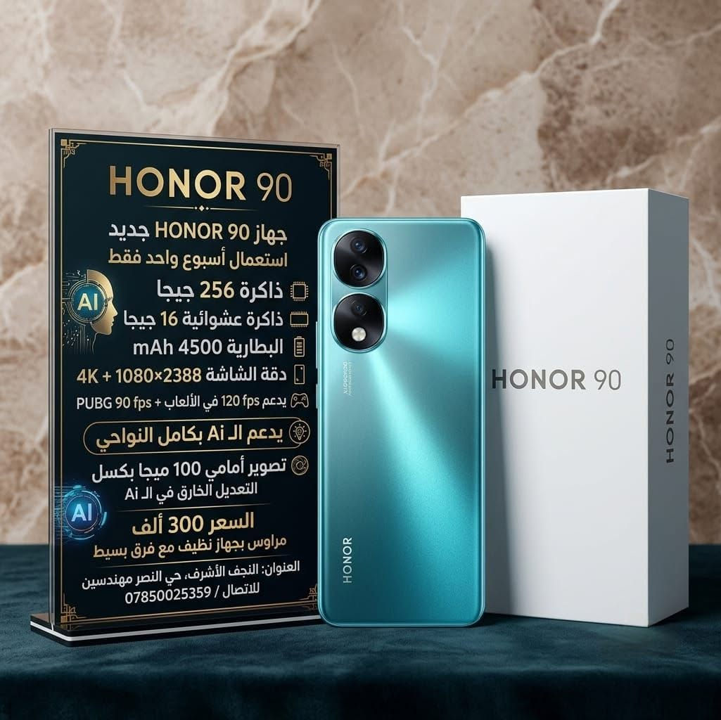 جهاز HONOR 90
ذاكرة 256 گيگا 
ذاكرة عشوائية 16
البطارية 4500 mAh
دقة الشاشه 2388×1080 +4K
جهاز جديد استعمال اسبوع واحد فقط 
يدعم 120 fps في الالعاب + ببجي 90 fps
يدعم الـ Ai بكامل النواحي 
التصوير الامامي 100 ميغا بكسل مع التعديل الخارق في الـ Ai . 
يدعم الهواء الداخلي لاخراج الماء الموجود داخل الجهاز عن طريق ترددات الصوتي جهاز عالي المواصفات
السعر 300 الف 
او مراوس بجهاز نضيف مع فرق بسيط العنوان النجف الاشرف حي النصر مهندسين للاتصال / ***********
