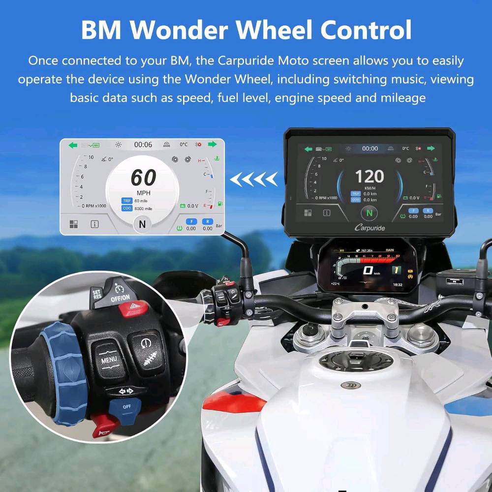 السعر 75 الف دينار 

🏍️ شاشة دراجات بي إم دبليو الذكية Carpuride 702BS (7 Inch Carplay Screen for BM Motorcycle)
شاشة ذكية متكاملة بحجم 7 بوصة مخصصة للدراجات النارية من فئة BMW، تمنحك تجربة قيادة متطورة مع دعم أنظمة Apple CarPlay وAndroid Auto والربط التلقائي بقاعدة الملاحة الأصلية للدراجة.
💡 مميزات وقوة المبيعات:
تتصل مباشرة بقاعدة ملاحة BMW الأصلية (Plug & Play) وتتيح التحكم الكامل عبر عجلة التحكم الأصلية (BM Wonder Wheel Control)، مع سطوع فائق يصل إلى 1000Nit للرؤية تحت أشعة الشمس المباشرة ومعيار مقاومة الماء والظروف الجوية IP67.
📌 أبرز الخصائص والمواصفات الفنية الشاملة:
🎯 الشاشة والعرض (High-Brightness Display):
 الحجم والوضوح: شاشة لمس IPS بحجم 7 بوصات بدقة HD (1024*600).
 السطوع وضد الخدش: سطوع عالي يصل إلى 1000Nit لضمان رؤية واضحة تحت الشمس، مع زجاج مقعر 2.5D مقاوم للخدش (Anti-Scratch).
 حساس الضوء (Light Sensor): ضبط تلقائي لسطوع الشاشة بين وضع النهار والليل لراحة العين أثناء القيادة.
🎯 أنظمة الاتصال والذكاء (CarPlay & Android Auto):
 دعم الأنظمة: دعم لاسلكي لنظامي Apple CarPlay وAndroid Auto لتشغيل الخرائط، الموسيقى، وإجراء المكالمات.
 التحكم الصوتي (Voice Controls): دعم كامل للتحكم الصوتي عبر Siri وGoogle Assistant للقيادة بأمان دون استخدام اليدين.
 البلوتوث المزدوج (Dual Bluetooth): ربط الهاتف بالشاشة ثم توصيل الخوذة أو سماعة البلوتوث (Single & Two-person Connection Modes) لمشاركة الصوت والمكالمات.
🎯 التوافق والتحكم الخاص بدراجات BMW:
 عجلة التحكم الأصلية (BM Wonder Wheel): إمكانية التصفح، تغيير الموسيقى، وقراءة بيانات الدراجة (السرعة، مستشعر ضغط الإطارات TPMS، السرعة الزاوية RPM، ومستوى الوقود) عبر عجلة الدراجة.
 الموديلات المتوافقة: تتوافق مع بيئة تركيب BMW الأصلية لكل من (BM R1200GS, BM R1250GS, BM R1300GS, BM S1000XR).
🎯 أدوات ومميزات إضافية:
 معيار المقاومة: مقاومة كاملة للماء والأتربة بمعيار IP67 Waterproof.
 مستشعرات مدمجة: تحتوي على بوصلة رقمية (Compass) ومقياس الضغط الجوي (Barometer).
 تشغيل الميديا المحلي: منفذ كارت ذاكرة TF/SD Card لتشغيل الفيديوهات والأغاني مباشرة.