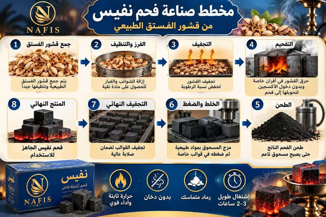 فحم نفيس • قشور فستق • اشتعال طويل