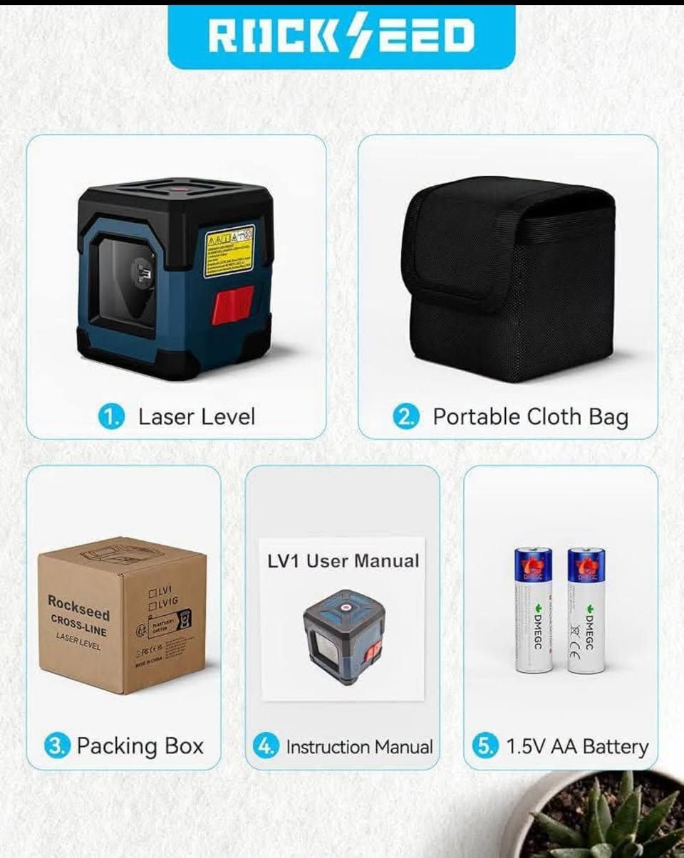 ٣٠

نص مكتوب في الصور:
- Universal 1/4-Inch Thread Mount Compatible with a range of mounts Excluding Tripods
- REVIEW ROCKSEED 50 FEET CROSS LINE LASER
- ROCKSEED 1. Laser Level 2. Portable Cloth Bag Rockseed CROSS-LINE LASER LEVEL LV1 User Manual 4. Instruction Manual 5. 1.5V AA Battery 3. Packing Box
- Self-Leveling Mode
- Unlock the pendulum, it'll automatically level within 4°
- 3s
- Manual Mode
- Lock the pendulum and long press the top button for 3s
- it'll be placed at any angle