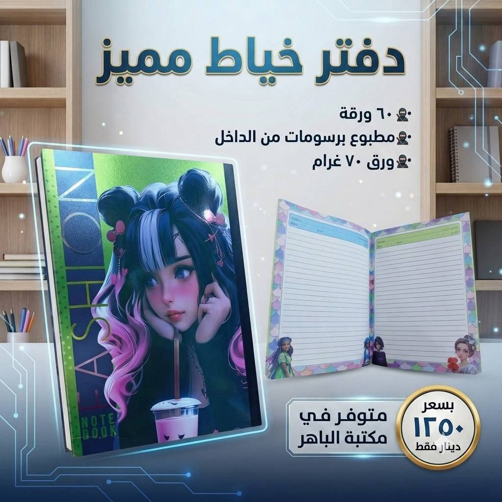 📚✨ دفتر خياط برسومات مميزة ✨📚
دفتر عملي وأنيق، مناسب للطلاب والاستخدام اليومي 💯
📝 ٦٠ ورقة
🎨 رسومات مطبوعة في الداخل
📄 ورق ٧٠ غرام
💰 السعر ١٢٥٠ دينار فقط
🔥 متوفر الآن في مكتبة الباهر
📍 العنوان: عنه – نهاية شارع الحضرة – قرب جامع النور
📲 للطلب والاستفسار:
***********
***********
🚚 التوصيل متوفر:
داخل قضاء عنه ١٠٠٠ دينار فقط
جميع المحافظات ٥٠٠٠ دينار فقط
