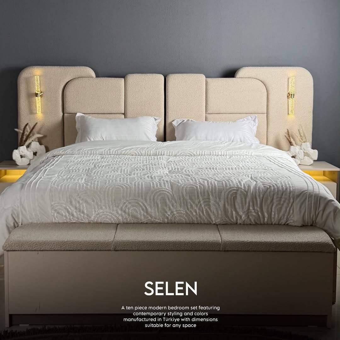 

نص مكتوب في الصور:
- SELEN A ten piece modern bedroom set featuring contemporary styling and colors manufactured in Türkiye with dimensions suitable for any space
- SELEN
- A ten piece modern bedroom set featuring
- contemporary styling and colors
- manufactured in Türkiye with dimensions
- suitable for any space
- A ten piece modern bedroom set featuring contemporary styling and colors manufactured in Türkiye with dimensions suitable for any space