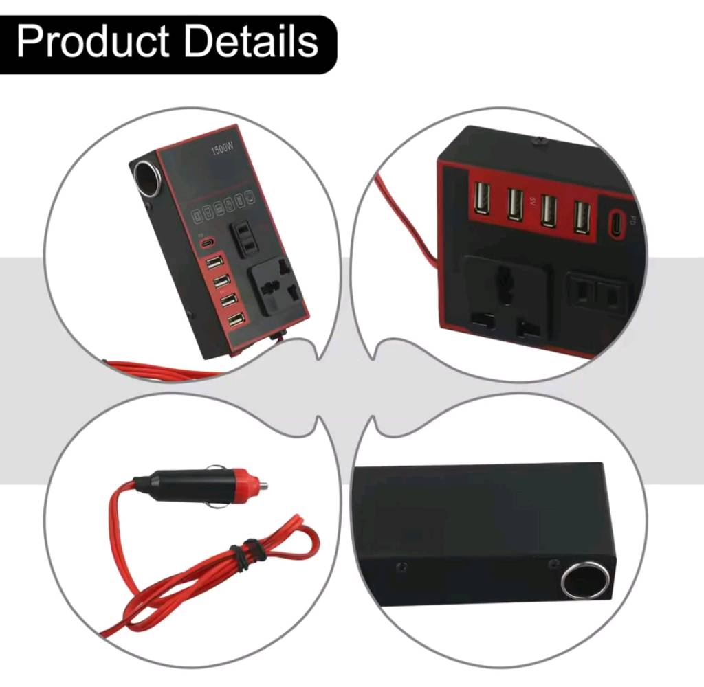 هذا الجهاز هو محول طاقة ذكي ومتعدد الوظائف للسيارة (Car Power Inverter) بقوة تصل إلى 1500 واط، ويقوم بتحويل طاقة بطارية السيارة (12 فولت أو 24 فولت) إلى كهرباء منزلية (220 فولت).💡 المميزات الرئيسيةتحويل الطاقة: يحول التيار المستمر إلى تيار متردد للاستخدام الخارجي.منافذ متعددة: مزود بمنافذ USB للشحن ومخرج كهرباء AC وقابس عالمي.فتحات ولاعة إضافية: يتيح تشغيل أجهزة متعددة مثل منفاخ الهواء أو المكنسة.                                              ✅ الاستخدامات الشائعة :-              التخييم والرحلات: تشغيل الأجهزة الصغيرة والإنارة أثناء السفر.الشحن السريع: شحن الهواتف والأجهزة اللوحية داخل السيارة.الطوارئ: توفير مصدر طاقة بديل عند الحاجة.