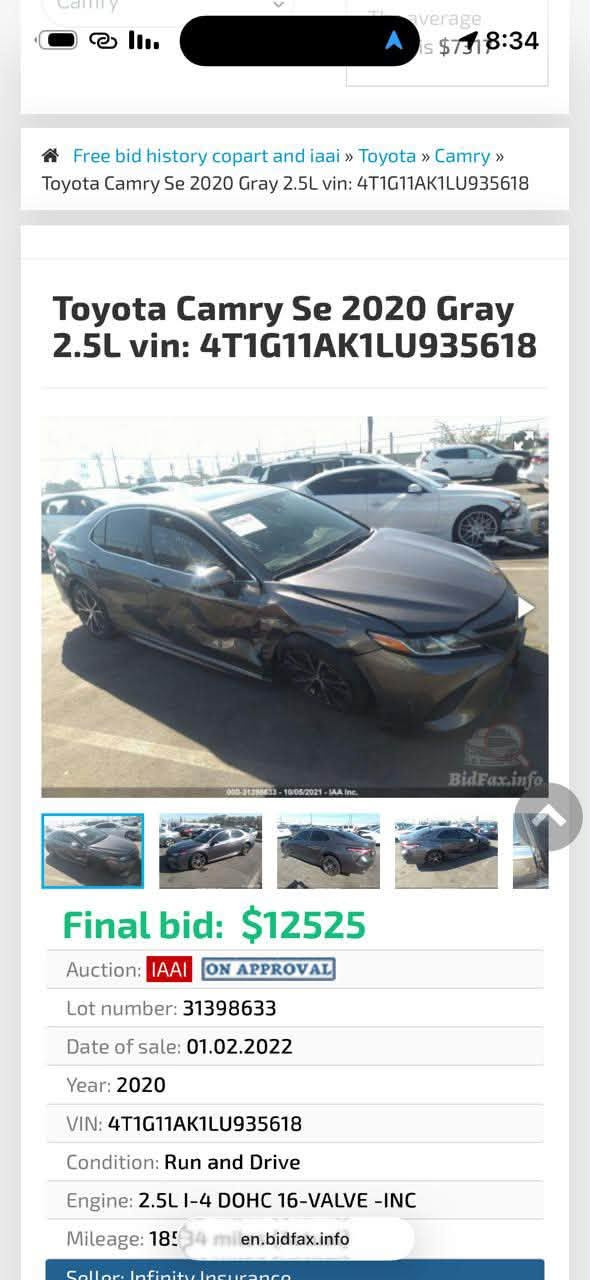 *🚗 للبيع تويوتا كامري SE موديل 2020 🚗*
بدون دواخل وبدون ايرباك بجم كبس 

*المواصفات:*
- *الموديل:* 2020 SE
- *الوارد:* أمريكي
- *الرقم:* اربيل -  بأسمي 
- *الحادث:* جانبي خفيف جدا
- *فتحة سلايد
- *الحالة:* جديدة من كلشي - كير - محرك - حدادية - تبريد ثلج - ما بيها أي نقص
- *دخول ذكي

صور الحادث بالمنشور

*السعر:* 165 ورقة وبيه مجال 💵
*مراوس:* أراوس بــ بي ام حديث فقط 

*للاستفسار:*
📞 ***********

نص مكتوب في الصور:
- Free bid history copart and iaai » Toyota » Camry » Toyota Camry Se 2020 Gray 2.5L vin: 4T1G11AK1LU935618
- Toyota Camry Se 2020 Gray 2.5L vin: 4T1G11AK1LU935618
- Final bid: $12525
- Auction: IAAI ON APPROVAL
- Lot number: 31398633
- Date of sale: 01.02.2022
- Year: 2020
- VIN: 4T1G11AK1LU935618
- Condition: Run and Drive
- Engine: 2.5L I-4 DOHC 16-VALVE -INC
- Mileage: 18594 milen.bidfax.info
- Seller: Infinity Insurance
- Free bid history copart and iaai » Toyota » Camry » Toyota Camry Se 2020 Gray 2.5L vin: 4T1G11AK1LU935618 Toyota Camry Se 2020 Gray 2.5L vin: 4T1G11AK1LU935618 Final bid: $12525 Auction: IAAI ON APPROVAL Lot number: 31398633 Date of sale: 01.02.2022 Year: 2020 VIN: 4T1G11AK1LU935618 Condition: Run and Drive Engine: 2.5L I-4 DOHC 16-VALVE -INC Mileage: 18534 milen.bidfax.info Seller: Infinity Insurance