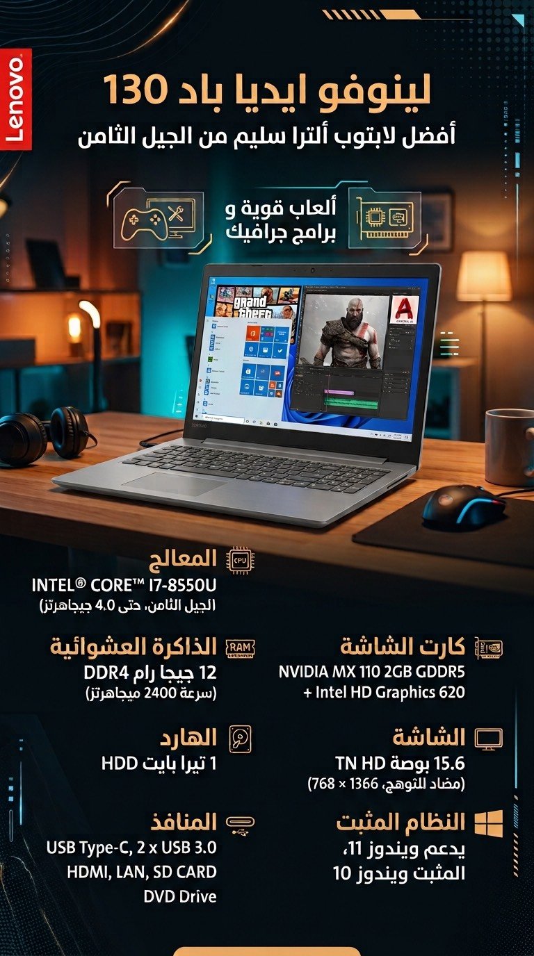 لابتوب لينوفو ايديا باد 130
أفضل لابتوب من الجيل الثامن ألترا سليم يشغل أعلى الألعاب و برامج الجرافيك مثل PES 2021 و BATTLEFIELD V و PREMIER PRO و AUTOCAD 
اني لاعب علي GTA5 و  God of War 2018

 يدعم وندوز 11
 
معالج : INTEL® CORE™ I7-8550U .
معالج رسومي : NVIDIA MX 110 2GB DDR5 .
ذاكرة عشوائية : 12 جيجا رام DDR4 .
شاشة : 15.6 بوصة بخاصية ANTI-GLARE

المعالج
معالج INTEL CORE I7-8550U بسرعة 1.8 جيجا هرتز ‏(‏8M CACHE ‏,بسرعة تصل الي 4.0 جيجا هيرتز ،‏ عدد النواة‏:‏ 4)

معالج الرسوميات
كارت رسوميات منفصل NVIDIA MX 110 بسعة 2 جيجا بايت GDDR5
مع كارت رسوميات مدمج INTEL HD GRAPHICS 620

الشاشة
شاشة 15.6 بوصة TN HD بدقة 1366 × 768 بكسل مضاد للتوهج

الهارد
 1 تيرا بايت HDD



الرام
12 جيجا بايت DDR4 بسرعة 2400 ميجا هيرتز
الكيبورد
لوحة مفاتيح كاملة قياسية
10 مفتاح رقمي

المنافذ
USB Type-C
2 × USB 3.0
HDMI
LAN
SD CARD

المميزات الإضافية
محول واى فاى: WI-FI 802.11AC
كاميرا ويب عريضة مدمجة HD (720 بيكسل) مع ميكروفون أحادي
مكان للقرص DVD (Rقراءة وكتابة إلى DVD Netflix

السعر 500