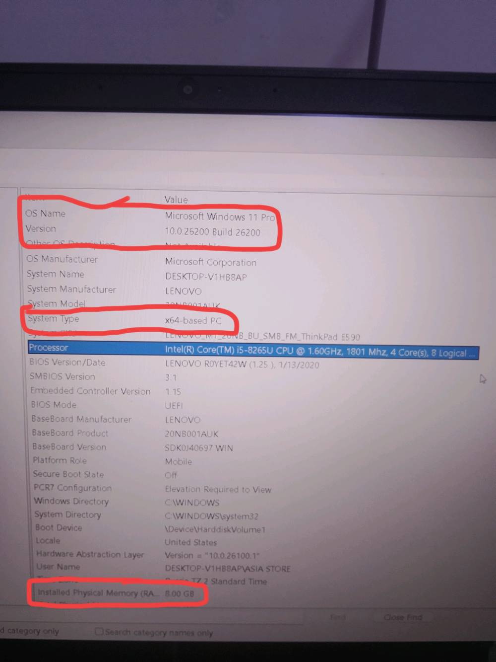 لابتوب Lenovo Thinkpad E590

المعالج: Intel Core i5-8265U (4 Cores / 8 Threads)

كرت الشاشة: Intel UHD Graphics 620

رام: 8GB

التخزين: 236GB 


نظام التشغيل: Windows 11 Pro (64-bit)

صحة البطارية: Battery health: 37,690 / 45,000 mWh (about 84% health)
هدية ماوس واير اوتو كلك وماوسباد