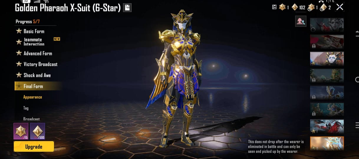 السلام عليكم حساب للبيع مكان كربلاء والسعر 700 حبايب... 
***********

نص مكتوب في الصور:
- My lify
- Golden Pharaoh X-Suit (6-Star)
- Progress 5/7
- ★ Basic Form
- ★ Teammate Interaction NEW
- ★ Advanced Form
- ★ Victory Broadcast
- ★ Shock and Awe
- ★ Final Form
- Appearance
- Tag
- Broadcast
- /15
- /500
- Upgrade
- 102
- This does not drop after the wearer is eliminated in battle and can only be seen and picked up by the wearer.
- Galadria X-Suit (3-Star) Progress 2/7 Basic Form Spectacular Arrival Advanced Form Victory Broadcast Shock and Awe Final Form Radiant Form /5 /160 Upgrade This does not drop after the wearer is eliminated in battle and can only be seen and picked up by the wearer.