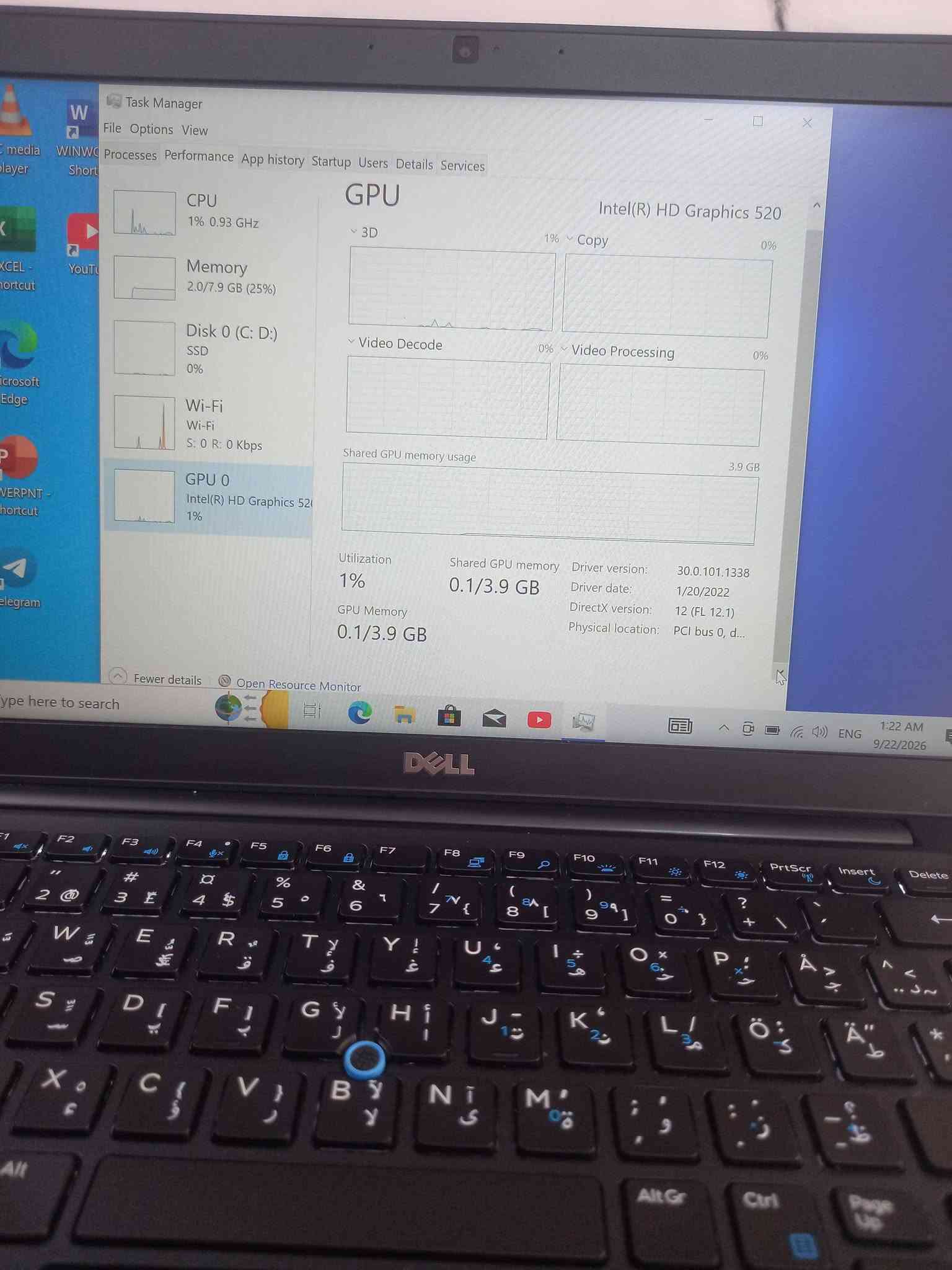 لابتوب دل 7480 dell
المعالج كور اي 5 الجيل 6
الهارد    256 ssd 
الرام 8.  ddr4 
كارت الشاشة  4  شير 
حجم الشاشة  14 
الشاحنة اصلية 
يحتوي على منفذ تايب سي للشحن او نقل البيانات
نظام التشغيل ويندوز 10 عربي انكليزي 
الملحقات شاحنة وجنطة 
السعر  190
***********
***********
يوجد توصيل

متوفر 
تتوفر مجموعة لابتوبات بأسعار مناسبة ومواصفات

نص مكتوب في الصور:
- About Your PC is monitored and protected. See details in Windows Security Device specifications Device name DESKTOP-T5RT2CS Processor Intel(R) Core(TM) i5-6300U CPU @ 2.40GHz 2.50 GHz Installed RAM 8.00 GB (7.89 GB usable) Device ID 1D609802-1144-414D-BE41-87BAACCF46AB Product ID 00330-51182-94916-AAOEM System type 64-bit operating system, x64-based processor Pen and touch No pen or touch input is available for this display Copy Rename this PC
- Task Manager File Options View Processes Performance App history Startup Users Details Services Short CPU 1% 1.24 GHz Memory 2.0/7.9 GB (25%) Disk 0 (C: D:) SSD 1% Wi-Fi Wi-Fi S: 0 R: 0 Kbps GPU 0 Intel(R) HD Graphics 520 0% CPU Intel(R) Core(TM) i5-6300U CPU @ 2.40GHz % Utilization 100% 60 seconds 0 Utilization 1% Speed 1.24 GHz Base speed: 2.50 GHz Sockets: 1 Cores: 2 Processes 154 Threads 1511 Handles 53742 Logical processors: 4 Virtualization: Enabled Up time L1 cache: 128 KB 0:00:52:44 L2 cache: 512 KB L3 cache: 3.0 MB Fewer details Open Resource Monitor ENG
- Task Manager File Options View Processes Performance App history Startup Users Details Services CPU 3% 1.13 GHz Memory 2.0/7.9 GB (25%) Disk 0 (C: D:) SSD 2% Wi-Fi Wi-Fi S: 8.0 R: 88.0 Kbps GPU 0 Intel(R) HD Graphics 520 0% Disk 0 (C: D:) SAMSUNG MZVLW256HEHP-000L7 Active time 100% 60 seconds Disk transfer rate 0 100 KB/s 60 seconds 0 Active time 2% Average response time 5.1 ms Read speed 36.2 KB/s Write speed 185 KB/s Capacity: 239 GB Formatted: 239 GB System disk: Yes Page file: Yes Type: SSD Fewer details Open Resource Monitor here to search ENG 1:21 AM 9/22/2026
- Task Manager File Options View Processes Performance App history Startup Users Details Services GPU Intel(R) HD Graphics 520 CPU 1% 0.93 GHz Memory 2.0/7.9 GB (25%) Disk 0 (C: D:) SSD 0% Wi-Fi Wi-Fi S: 0 R: 0 Kbps GPU 0 Intel(R) HD Graphics 52 1% 3D 1% Copy 0% Video Decode 0% Video Processing 0% Shared GPU memory usage 3.9 GB Utilization 1% GPU Memory 0.1/3.9 GB Shared GPU memory 0.1/3.9 GB Driver version: 30.0.101.1338 Driver date: 1/20/2022 DirectX version: 12 (FL 12.1) Physical location: PCI bus 0, d... Fewer details Open Resource Monitor Type here to search 1:22 AM 9/22/2026