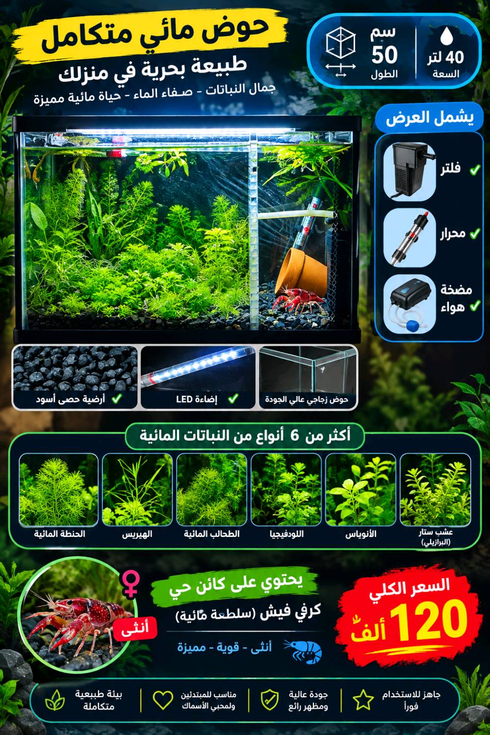 حوض ٥٠سم • ٤٠ لتر • نباتات مزروعة