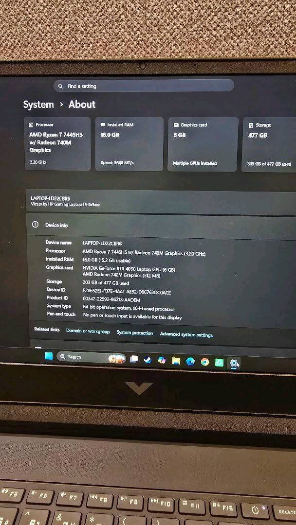 لابتوب ألعاب HP Victus

100% استخدام عادي مستعمل و كل شيء صغير

ألوان

Ryzen 7 7445HS

RTX 4050 6GB

RAM 16GB DDR5 5600

SSD 512GB NVMe

15.6 بوصة FHD IPS 144Hz

الوزن الصافي 2.3 كجم

السعر (1,200,000 دينار وبها مجال بسيط)
المكان بغداد 