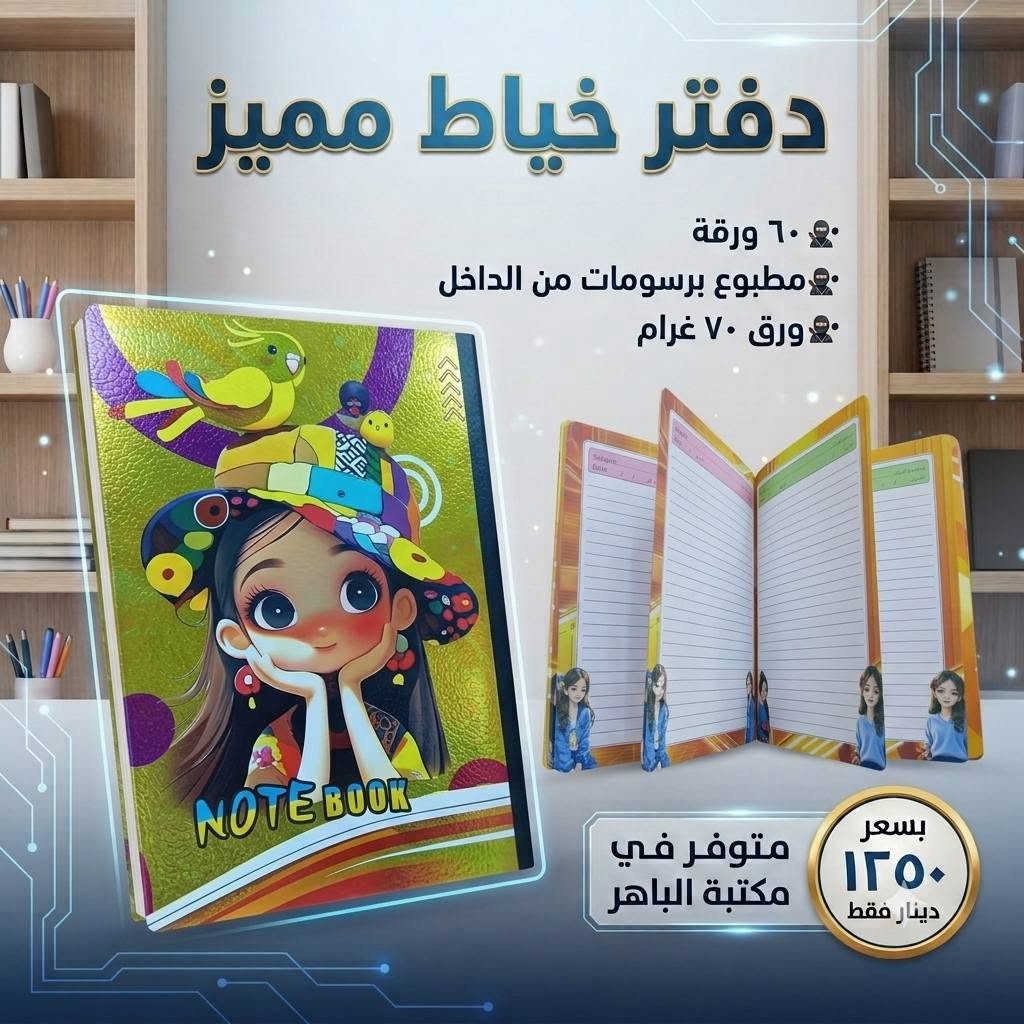📚✨ دفتر خياط برسومات مميزة ✨📚
دفتر عملي وأنيق، مناسب للطلاب والاستخدام اليومي 💯
📝 ٦٠ ورقة
🎨 رسومات مطبوعة في الداخل
📄 ورق ٧٠ غرام
💰 السعر ١٢٥٠ دينار فقط
🔥 متوفر الآن في مكتبة الباهر
📍 العنوان: عنه – نهاية شارع الحضرة – قرب جامع النور
📲 للطلب والاستفسار:
***********
***********
🚚 التوصيل متوفر:
داخل قضاء عنه ١٠٠٠ دينار فقط
جميع المحافظات ٥٠٠٠ دينار فقط

