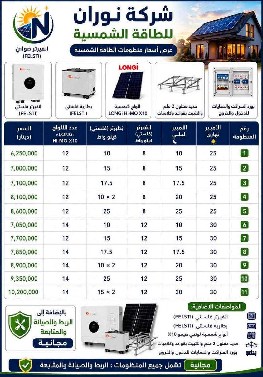 ✅ ألواح شمسية عالية الكفاءة
✅ إنفرترات وبطاريات حسب الحاجة
✅ تركيب احترافي
✅ خدمة واستشارة قبل الشراء

📩 للاستفسار وطلب السعر، راسلنا على الخاص.
 او اتصل على الرقم ***********
نوران للطاقة الشمسية — طاقة نظيفة، مستقبل أفضل ☀
نعمل على خدمتكم
