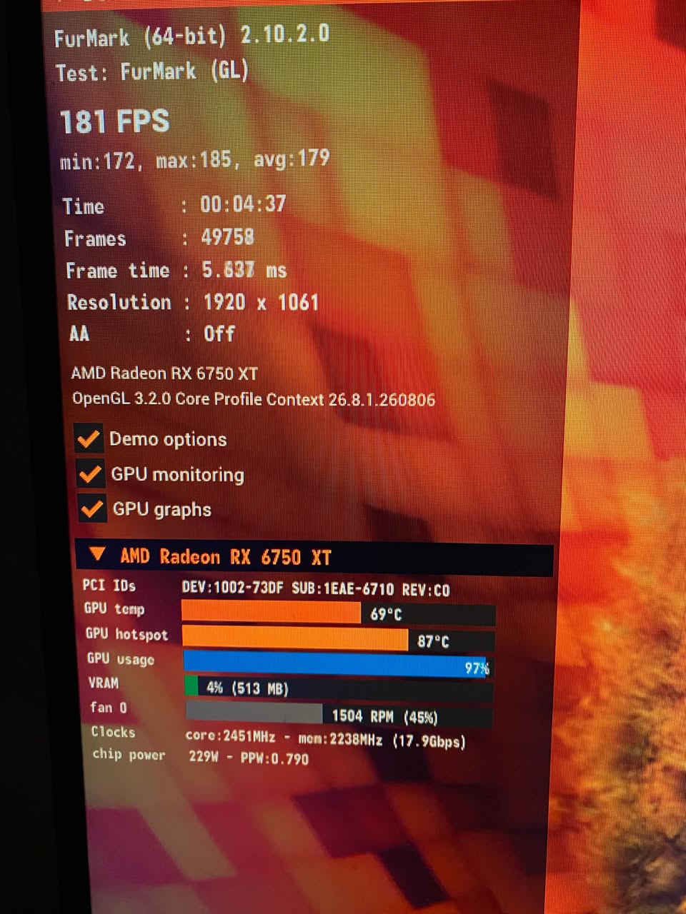 السلام عليكم سيت آب مرتب بسعر مناسب جداً
(كيس+شاشه+ماوس +كيبورد)

GPU RX 6750 XT 12GB XFX 3FAN RGB 
كارت مستخدم كلش قليل ومامفتوح حرارته اقصى شي 69 درجه ع سرعه فانات 50%
CPU RYZRN 5 5600 6CORES 12 THEARDS 
STORAGE NVME M.2 LAXER 512GB 
RAM T.FORCE TUF GAMING 8X2 16GB 3200HZ ARGB 
MOTHERBOARD ASUS PRIME B450-PLUS 
FULL ATX 4 SOLT RAM 
POWER STORY DEEP COOL 600W+80 
مبرد غازي احترافي من ديب كول 
CAES 4FAN RGB MID TOWER 

سعر الكيس 960 الف فقط ✅
كله براندات وكارتونه الكارت موجوده✅ 

شاشه AVETRON بيه خط بالشاشه مبين بالصور 
180HZ 
27 inch 
IPS 
1MS 
سعره 100 الف فقط علمود الخط ✅

كيبورد حجم 60% ريد سوج RGB 
ماوس واريرلس 4800 DPI 
سعرهن 50 الف قفل 🔒

مكاني بغداد الدوره ✅
يوجد توصيل ✅

نص مكتوب في الصور:
- FurMark (64-bit) 2.10.2.0 Test: FurMark (GL) 181 FPS min:172, max:185, avg:179 Time : 00:04:37 Frames : 49758 Frame time : 5.637 ms Resolution : 1920 x 1061 AA : Off AMD Radeon RX 6750 XT OpenGL 3.2.0 Core Profile Context 26.8.1.260806 Demo options GPU monitoring GPU graphs AMD Radeon RX 6750 XT PCI IDs DEV:1002-73DF SUB:1EAE-6710 REV:C0 GPU temp 69°C GPU hotspot 87°C GPU usage 97% VRAM 4% (513 MB) fan 0 1504 RPM (45%) Clocks core:2451MHz - mem:2238MHz (17.9Gbps) chip power 229W - PPW:0.790