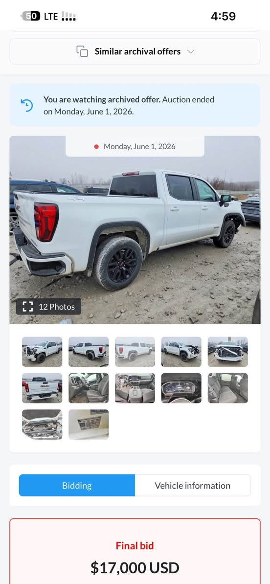 GMC 
2024 
4 بستن توين توربو يعني توربو ماكس 
ELEVATION_L
سياره ما مصلح هيجي ابيع  
تترقم اربيل دهوك سليمانيه حسب رغبتك 
 سعرها 300 $ ورقه و بي شويه مجال قليل 
رقم تلفون *********** بي واتساب 
*********** بث مباشر

نص مكتوب في الصور:
- Similar archival offers You are watching archived offer. Auction ended on Monday, June 1, 2026. Monday, June 1, 2026 12 Photos Bidding Vehicle information Final bid $17,000 USD
- Similar archival offers
- You are watching archived offer. Auction ended on Monday, June 1, 2026.
- Monday, June 1, 2026
- 12 Photos
- Bidding
- Vehicle information
- Final bid
- $17,000 USD
- 50 LTE 4:59 زيارة 2024 GMC Sierra, K1500 Elevation-L | 3GTPUJEK9RG375395 | Bid ... BidCars حفظ مشاركة 2021 GMC Sierra, 1500 4Wd Shor... BidCars 2021 GMC Sierra, K1500 Elevatio... BidCars 2024 GMC Sierra, K1500 Elevatio... BidCars 2023 GMC Sierra, 1500 4Wd Sho... BidCars
- إجراءات سريعة
- مشاركة
- البحث في محتوى هذه الشاشة
- hicle information