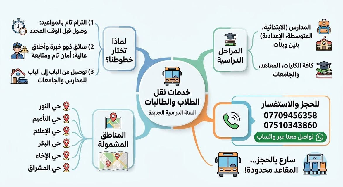 السلام عليكم. متوفر اشتراكات كافة المدارس في محافظتنا العزيزه
نعلن عن فتح باب التسجيل وتجديد الاشتراك للسنة الدراسية الجديدة لكافة المراحل الدراسية والجامعات (طلاب وطالبات).
​لماذا تختار خطوطنا؟
1)​التزام تام بالمواعيد: وصول قبل الوقت المحدد للدوام الرسمي
2)​سائق ذوو خبرة وأخلاق عالية: أمان تام ومتابعة مستمرة طوال الرحلة.
​توصيل من الباب إلى الباب: للمدارس والجامعات.
​المراحل المشمولة بالإشترك:
​المدارس الابتدائية، المتوسطة، والإعدادية (بنين وبنات).
​كافة الكليات والمعاهد والجامعات.
​سارع بالحجز... المقاعد محدودة!
​للحجز والاستفسار: [***********
*********** ]
​المناطق المشمولة: [حي النور /حي التاميم /حي الإعلام/حي البكر /حي الإخاء /حي المشراق ]
​تواصل معنا عبر واتساب.

نص مكتوب في الصور:
- إعلان فتح باب التسجيل وتجديد الاشتراك للسنة الدراسية الجديدة اشتراكات الإعدادية عبدالعزيز بن عبدالله لكافة المراحل الدراسية والجامعات (طلاب وطالبات) لماذا نختار خطوطنا؟ (1 التزام تام بالمواعيد: وصول قبل الوقت المحدد للدوام الرسمي (2 سائق ذوو خبرة وأخلاق عالية: أمان تام ومتابعة مستمرة طوال الرحلة. توصيل من الباب إلى الباب: للمدارس والجامعات. المراحل المشمولة بالإشترك: المدارس الابتدائية، المتوسطة، المتوسطة، والإعدادية (بنين وبنات). كافة الكليات والمعاهد والجامعات. سارع بالحجز... المقاعد محدودة! للحجز والاستفسار: [*********** - ***********] المناطق المشمولة: حي النور /حي التأميم /حي النور /حي التأميم /حي النور /حي الإعلام /حي البكر /حي الإخاء /حي المشراق
- بشرى سارة مدرسة الشهباء الابتدائية (بنين/بنات) وثانوية القادسية للبنات افتتاح باب التسجيل وتجديد الاشتراكات للسنة الدراسية الجديدة لكافة المراحل والجامعات لماذا نختار خطوطنا؟ التزام تام بالمواعيد سائق ذوو خبرة وأخلاق عالية توصيل من الباب إلى الباب المراحل المشمولة بالإشترك: الابتدائية، المتوسطة، والإعدادية (بنين وبنات) كافة الكليات والمعاهد والجامعات المراحل المسائيه بالاشتراك كافة الكليات المعاهد والمستريات المناطق المشمولة: [حي النور /حي التاميم /حي الوي /حي الوسئاب /حي الإعلام /حي البكر /حي الإخاء /حي المشراق] سارع بالحجز... المقاعد محدودة! *********** *********** للحجز والاستفسار: WhatsApp contact-line line
- السَّلامُ عَلَيْكُمْ. مُتَوَفِّرُ اشْتِرَاكَاتُ كَافَّةِ المَدَارِسِ فِي مُحَافَظَتِنَا العَزِيزَةِ نعلن عن فتح باب التسجيل وتجديد الاشتراك للسنة الدراسية الجديدة لكافة المراحل الدراسية والجامعات (طلاب وطالبات) المراحل المشمولة بالاشتراك: المدارس الابتدائية، المتوسطة، والإعدادية (بنين وبنات). كافة الكليات والمعاهد والجامعات. لماذا نختار خطوطنا؟ 1.التزام تام بالمواعيد: وصول قبل الوقت المحدد المحدد للدوام الرسمي 2.سائقون ذوو خبرة وأخلاق وأخلاق عالية: أمان تام ومتابعة مستمرة مستمرة طوال الرحلة 3.توصيل من الباب إلى الباب: للمدارس والجامعات سارع بالحجز... المقاعد محدودة! سارع بالحجز... المقاعد محدودة! للحجز والاستفسار: [***********\***********] المناطق المشمولة: [حي النور/حي التاميم/حي الإعلام/حي البكر/حي الإخاء/حي المشرق] تواصل معنا عبر واتساب.
- 1) التزام تام بالمواعيد: وصول قبل الوقت المحدد 2) سائق ذوو خبرة وأخلاق عالية: أمان تام ومتابعة 3) توصيل من الباب إلى الباب للمدارس والجامعات لماذا تختار خطوطنا؟ المراحل الدراسية المدارس (الابتدائية، المتوسطة، الإعدادية) بنين وبنات كافة الكليات، المعاهد، والجامعات خدمات نقل الطلاب والطالبات السنة الدراسية الجديدة المناطق المشمولة حي النور حي التأميم حي الإعلام حي البكر حي الإخاء حي المشراق للحجز والاستفسار *********** *********** تواصل معنا عبر واتساب سارع بالحجز... المقاعد محدودة!