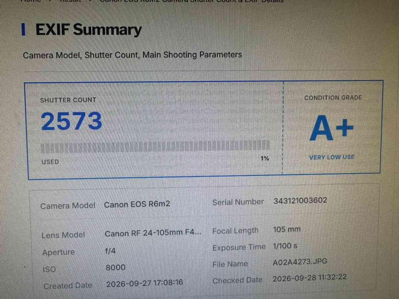 كامرة كانون R6ii للبيع  فقط
شتر 2573 صوره فقط 
كامرة  بالجيس 
لمعرفة السعر التواصل على الخاص 
العنوان /كربلاء / يوجد توصل لكل المحافظات 
واتساب / *********** 
#r6ii 
#R6ii 
#canon_R6ii 

Canon R6ii 
R6 Mark 2

نص مكتوب في الصور:
- EXIF Summary
- Camera Model, Shutter Count, Main Shooting Parameters
- SHUTTER COUNT
- 2573
- 1%
- USED
- CONDITION GRADE
- A+
- VERY LOW USE
- Camera Model Canon EOS R6m2
- Lens Model Canon RF 24-105mm F4...
- Aperture f/4
- ISO 8000
- Created Date 2026-09-27 17:08:16
- Serial Number 343121003602
- Focal Length 105 mm
- Exposure Time 1/100 s
- File Name A02A4273.JPG
- Checked Date 2026-09-28 11:32:22