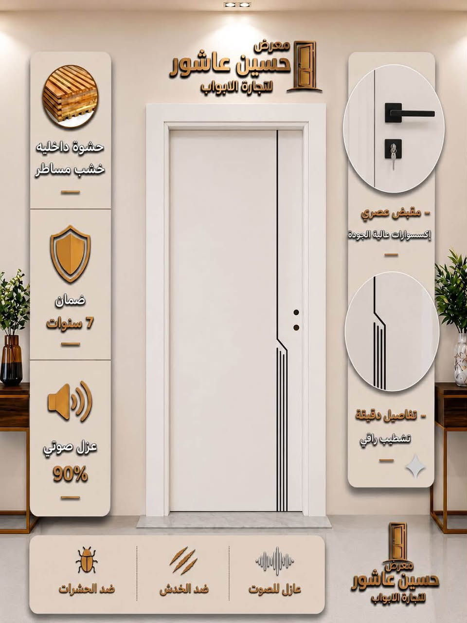 ✨ حسين عاشور— معرض الأول بالمواعيد والالتزام ✨
🚪 أبواب داخلية موديلات عصرية وجودة عالية
✅ ضمان 7 سنوات على الأبواب
✅ عازل للصوت 
✅ ضد الخدش
✅ ضد الرطوبة
🔐 كيلون ضمان 7 سنوات 
📞للاستفسار
***********
***********
📍زورونا في موقعنا : بغداد ــ التاجي ــ سبع البور
