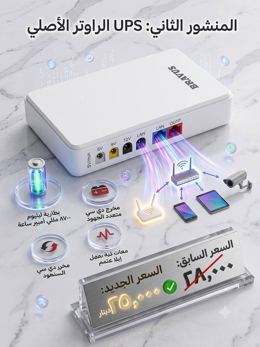 الوداع لانقطاع الإنترنت.. الحل الذكي وصل ⚡💎

من BaqTech، نقدم لك الحارس الشخصي لإشارتك: Bravus BSP6-1. أكثر من مجرد بطارية احتياطية؛ إنه استثمار في هدوء بالك واستمرارية أعمالك.

لماذا Bravus من متجرنا؟
▪️ حماية حقيقية ضد تقلبات التيار (Safe Power).
▪️ أداء مستقر ومخرج 20W DC يضمن جودة الإشارة.
▪️ حل شامل يغذي كافة أنواع الراوترات بجهود متعددة (5V, 9V, 12V).
▪️ بطارية ليثيوم 8700mAh تعني ساعات أطول من الأمان الرقمي.

لا تدع اللحظة تفوتك، عرض خاص وحصري الآن 🔥

💰 السعر الحاالي 23,000 دينار (توفير فوري من سعر 28,000)

🚚 جاهز للتوصيل السريع لكافة المحافظات العراقية.

للطلب والاستفسار: ***********