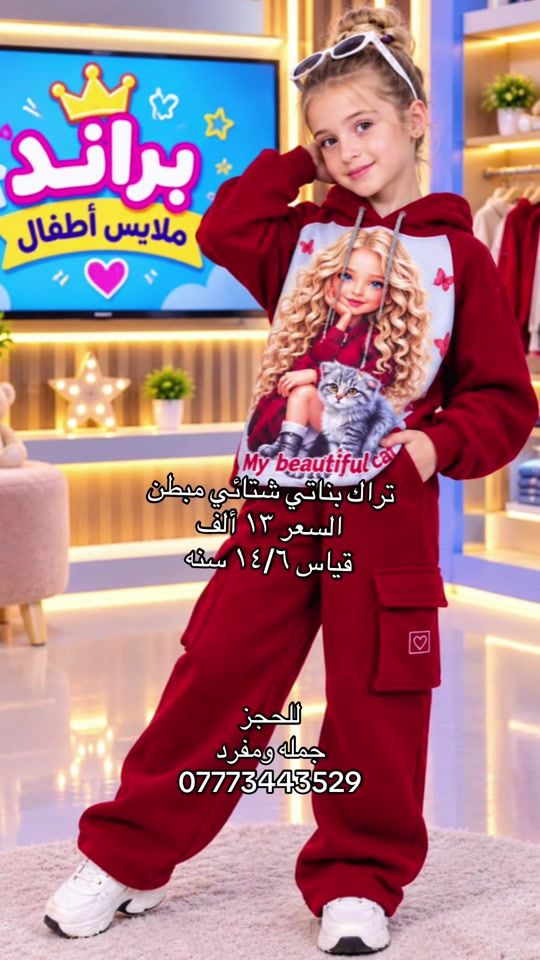 ✨ تراكات بناتي 👩🚶‍♀️💕 ستايل أناقة وراحة بكل خطوة قياس ١٤/٦ سنه السعر ١٣ ألف كل ٢ ب٢٥ ألف خدمه توصيل جميع محافظات ٥ الاف 📩 للطلب راسلونا واتساب ***********

نص مكتوب في الصور:
- براند ملابس أطفال
- My beautiful cat
- تراك بناتي شتائي مبطن
- السعر ١٣ ألف
- قياس ١٤/٦ سنه
- للحجز
- جمله ومفرد
- ***********